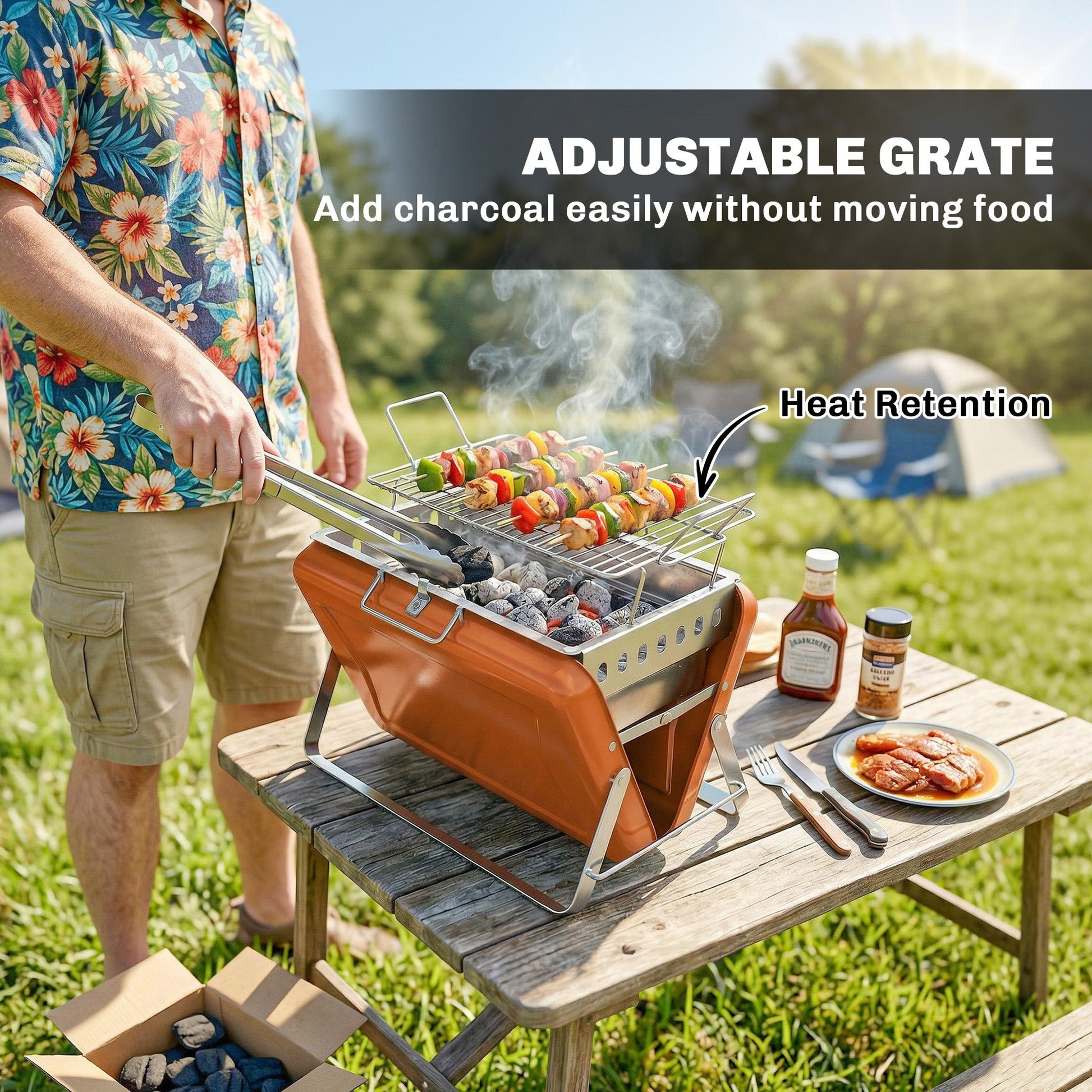 Portable BBQ Grill, Folding Charcoal Barbecue Grill with Handle and Foldable Legs for Camping Garden Outdoor Cooking, Orange