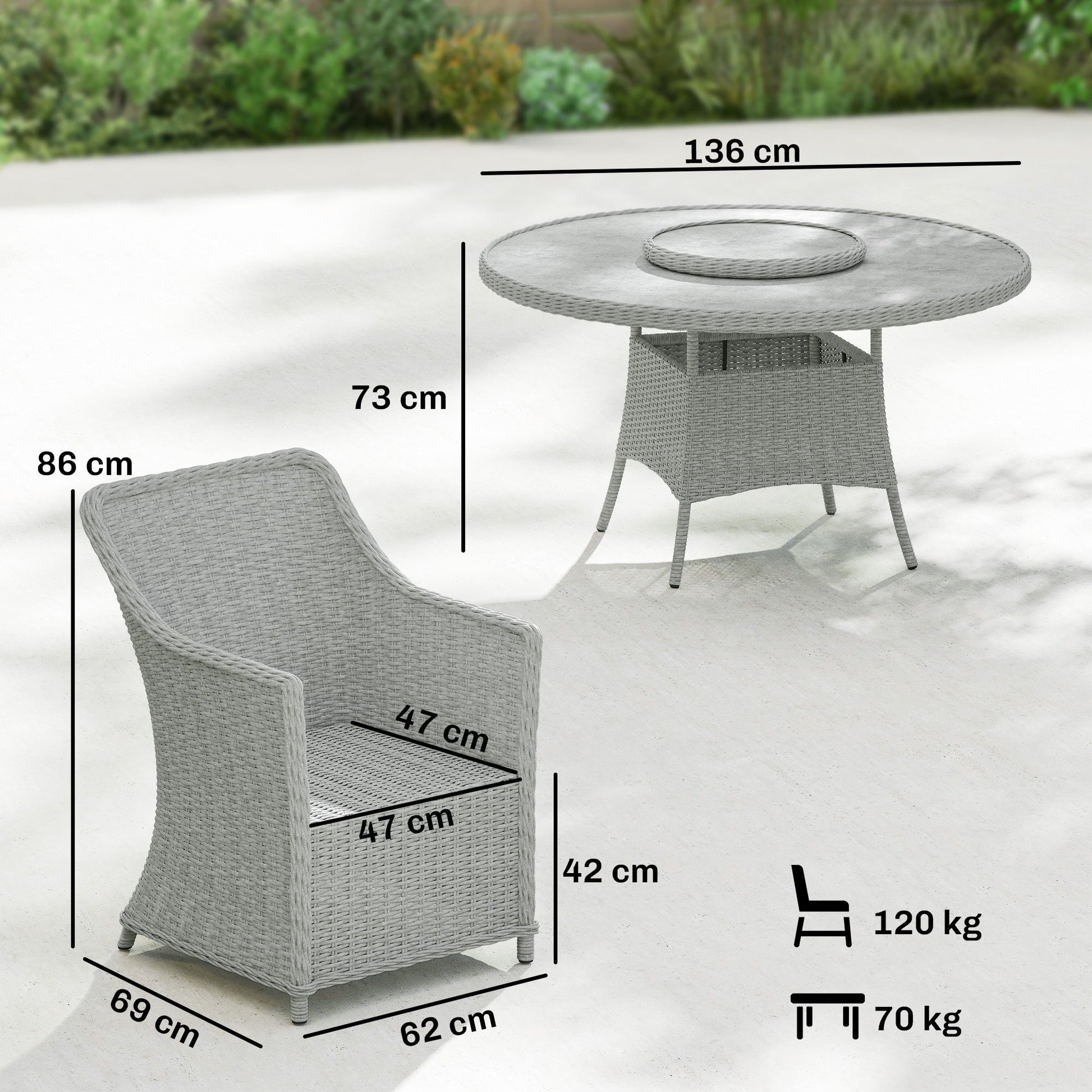 6 Seater Rattan Garden Dining Set with Lazy Susan, Round Garden Table and Chairs with Marble Effect Glass Table, Cushions and Pillows, Aluminium Frame Outdoor Furniture Set for Patio, Grey