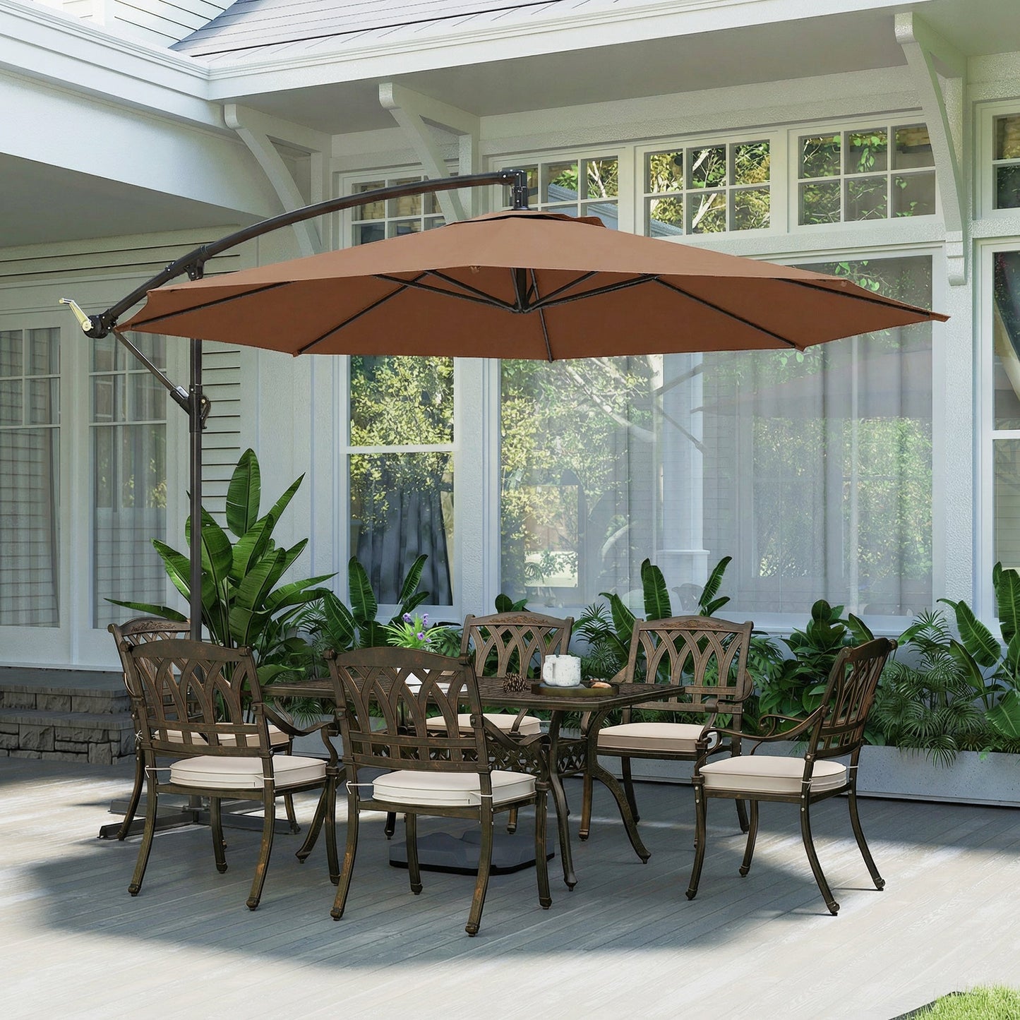 3(m) Garden Banana Parasol Hanging Cantilever Umbrella with Crank Handle, 8 Ribs and Cross Base for Outdoor, Sun Shade, Coffee