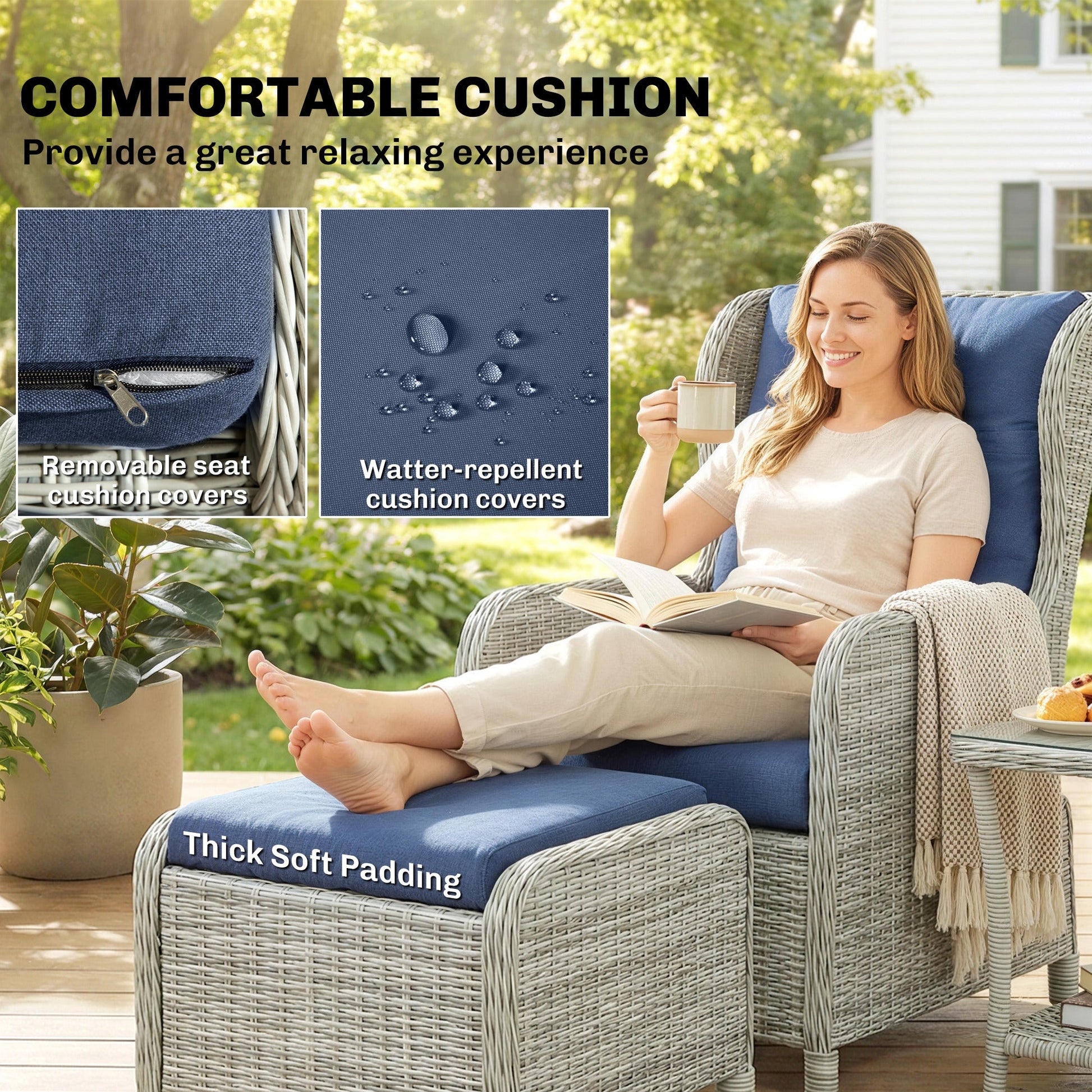 5 Piece Garden Furniture Set, Rattan Reclining Garden Chair Set of 2 with Glass-Top Coffee Table, Footstool and Thickness Cushion for Balcony, Patio, Dark Blue