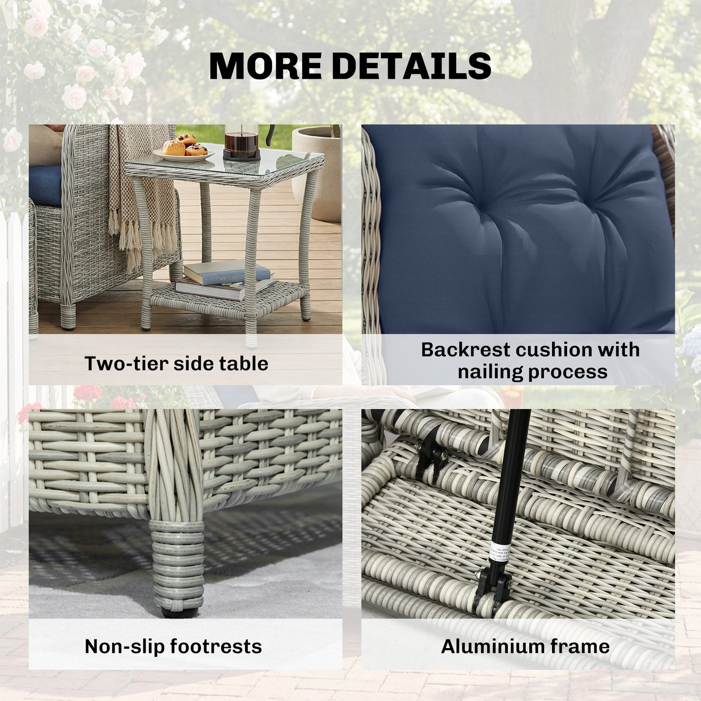 5 Piece Garden Furniture Set, Rattan Reclining Garden Chair Set of 2 with Glass-Top Coffee Table, Footstool and Thickness Cushion for Balcony, Patio, Dark Blue