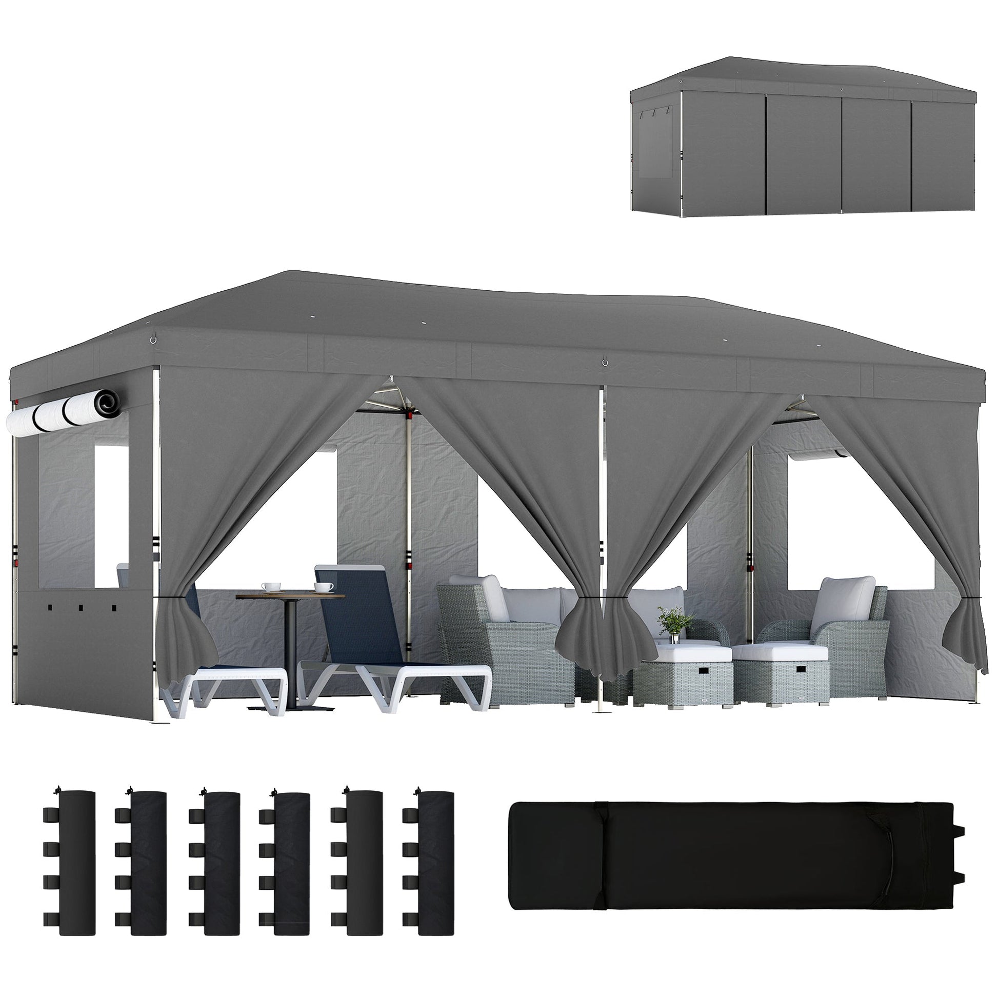 3 x 6 m Pop Up Gazebo with 6 Sidewalls, UPF50+ Outdoor Wedding Party Tent Marquee, Adjustable Height Event Shelter with Wheeled Bag, Sandbags & Stakes, Dark Grey