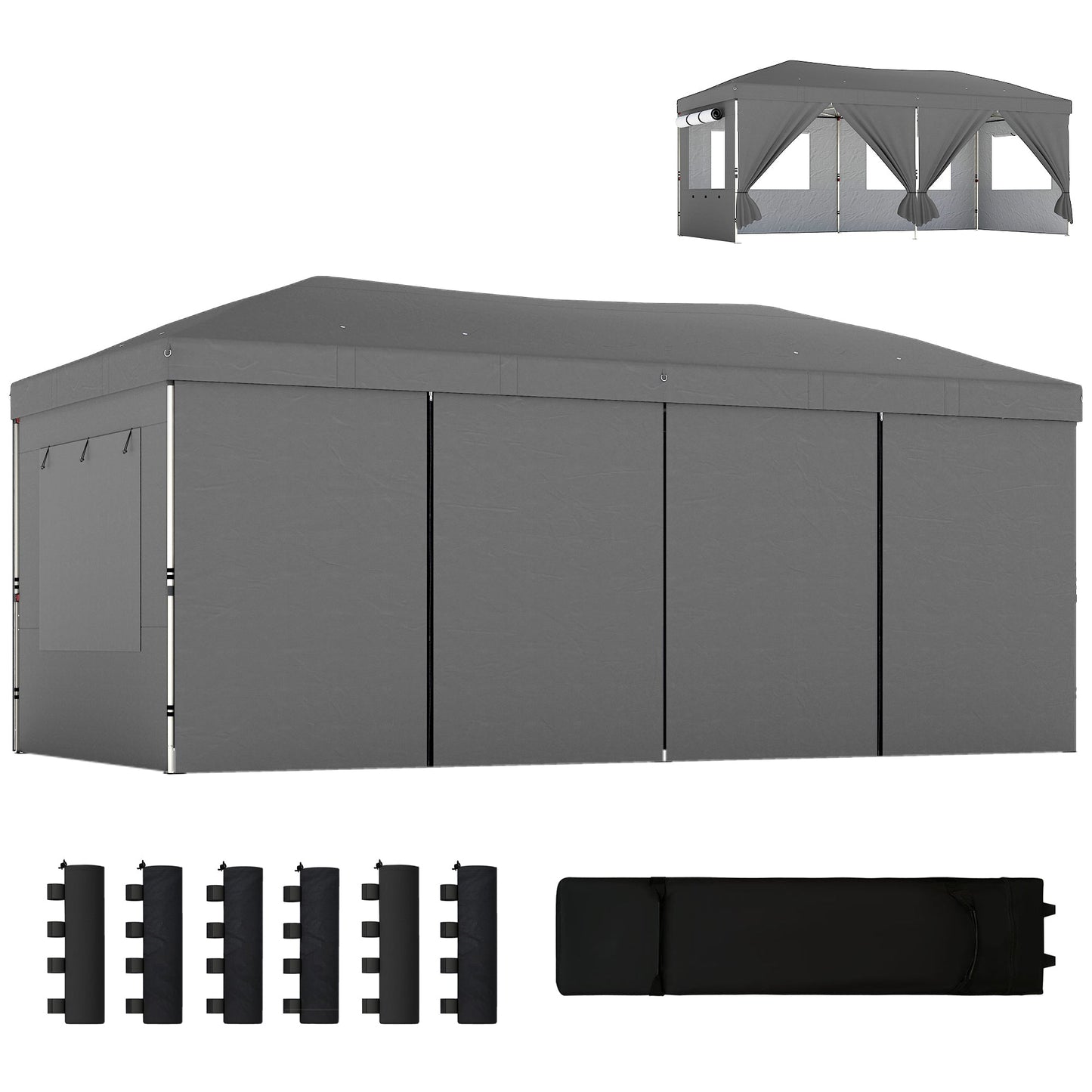 3 x 6 m Pop Up Gazebo with 6 Sidewalls, UPF50+ Outdoor Wedding Party Tent Marquee, Adjustable Height Event Shelter with Wheeled Bag, Sandbags & Stakes, Dark Grey