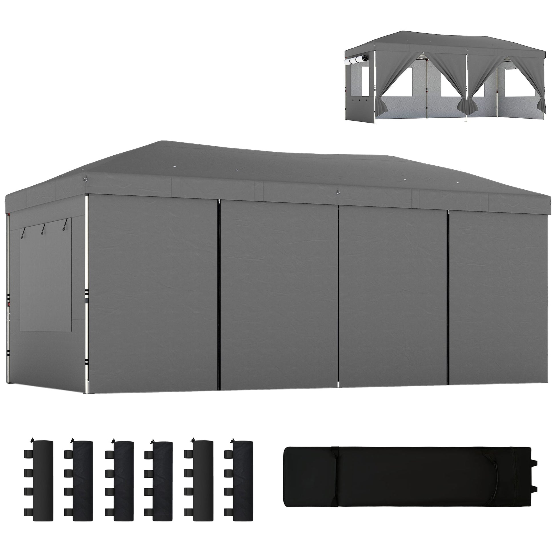 3 x 6 m Pop Up Gazebo with 6 Sidewalls, UPF50+ Outdoor Wedding Party Tent Marquee, Adjustable Height Event Shelter with Wheeled Bag, Sandbags & Stakes, Dark Grey