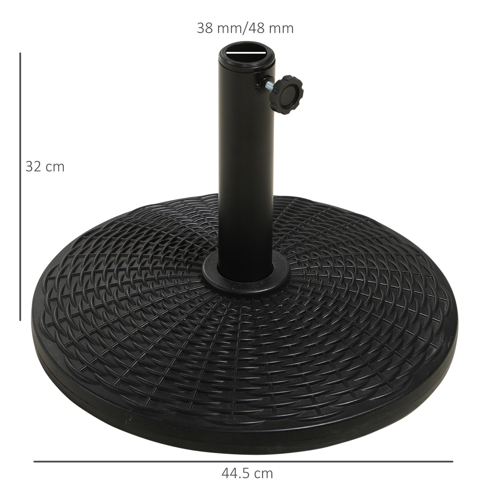 11.5 kg Round Cement Parasol Base, Umbrella Stand Holder with Rattan Style Pattern for 38, 48 mm Poles for Outdoor, Garden, Black