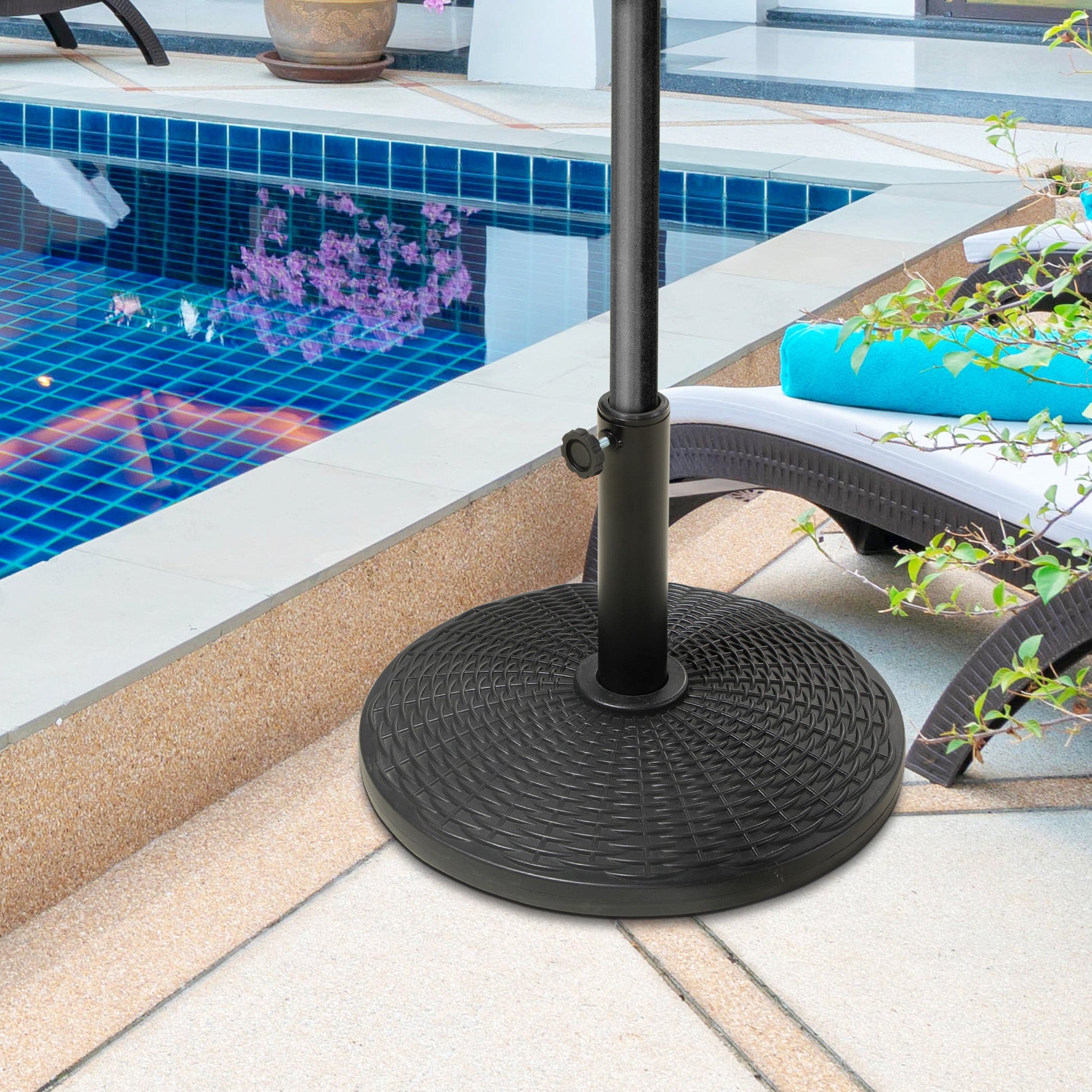 11.5 kg Round Cement Parasol Base, Umbrella Stand Holder with Rattan Style Pattern for 38, 48 mm Poles for Outdoor, Garden, Black