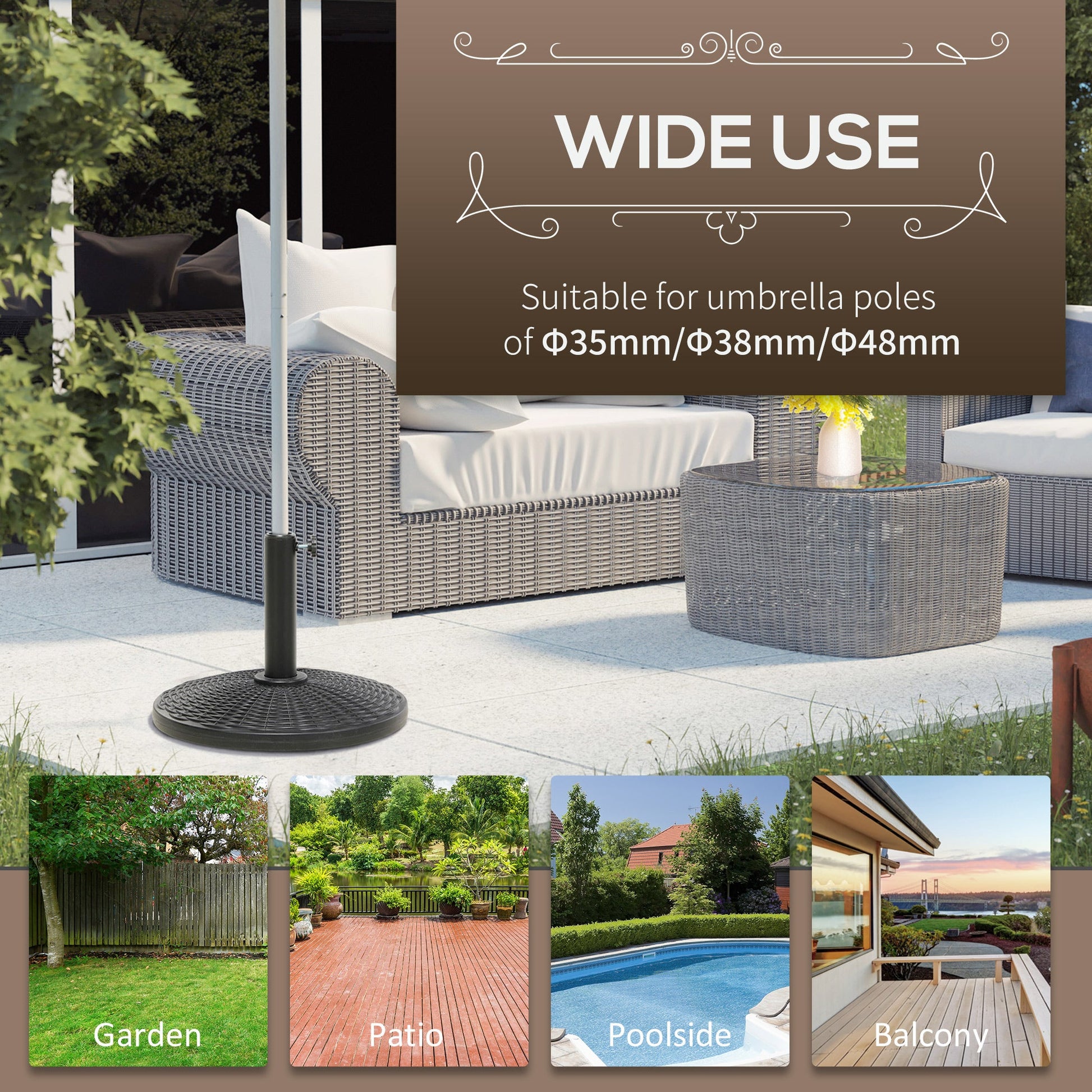 11.5 kg Round Cement Parasol Base, Umbrella Stand Holder with Rattan Style Pattern for 38, 48 mm Poles for Outdoor, Garden, Black