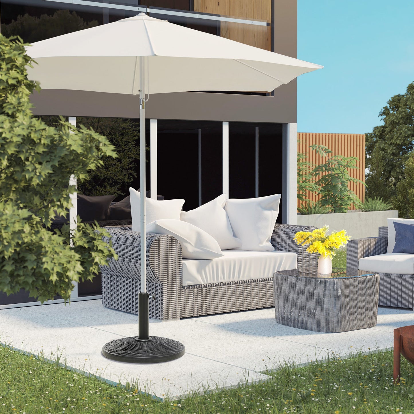 11.5 kg Round Cement Parasol Base, Umbrella Stand Holder with Rattan Style Pattern for 38, 48 mm Poles for Outdoor, Garden, Black