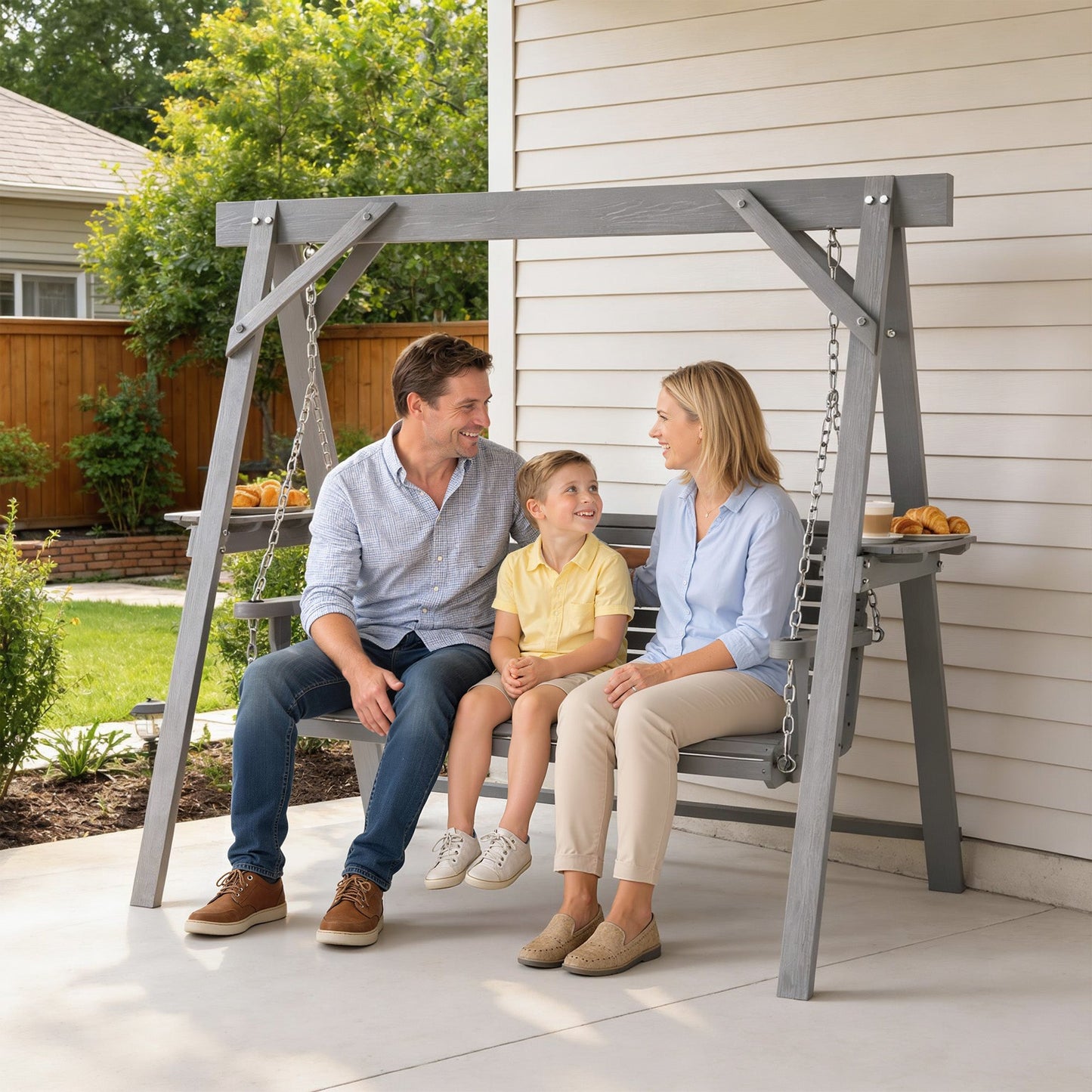 3 Seater Garden Swing Seat, Wooden Swing Chair Bench with Side Tables and Metal Chains, for Outdoor Porch Patio, Dark Grey