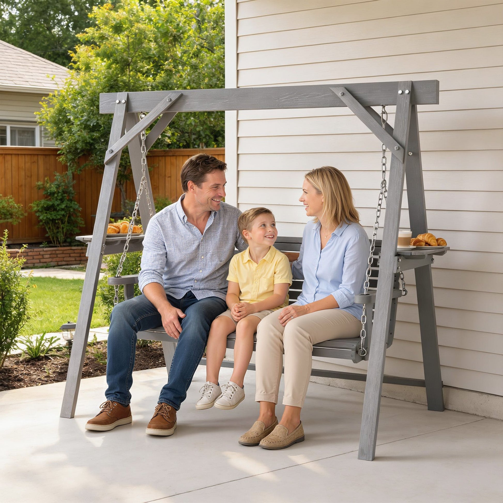 3 Seater Garden Swing Seat, Wooden Swing Chair Bench with Side Tables and Metal Chains, for Outdoor Porch Patio, Dark Grey