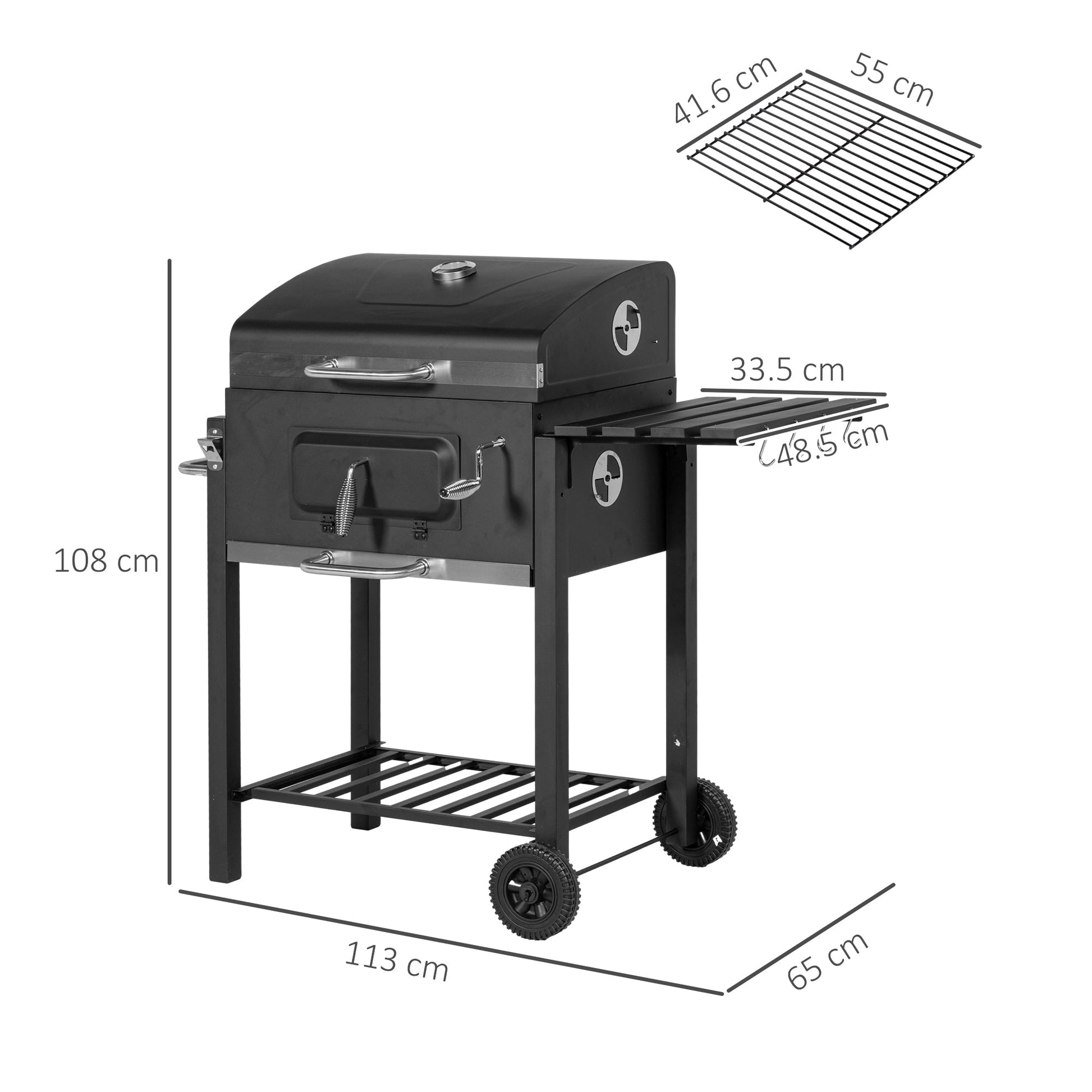 Charcoal Grill BBQ Trolley with Adjustable Charcoal Grate, Garden Metal Smoker Barbecue with Shelf, Side Table, Wheels, Built-in Thermometer, Bottle Opener