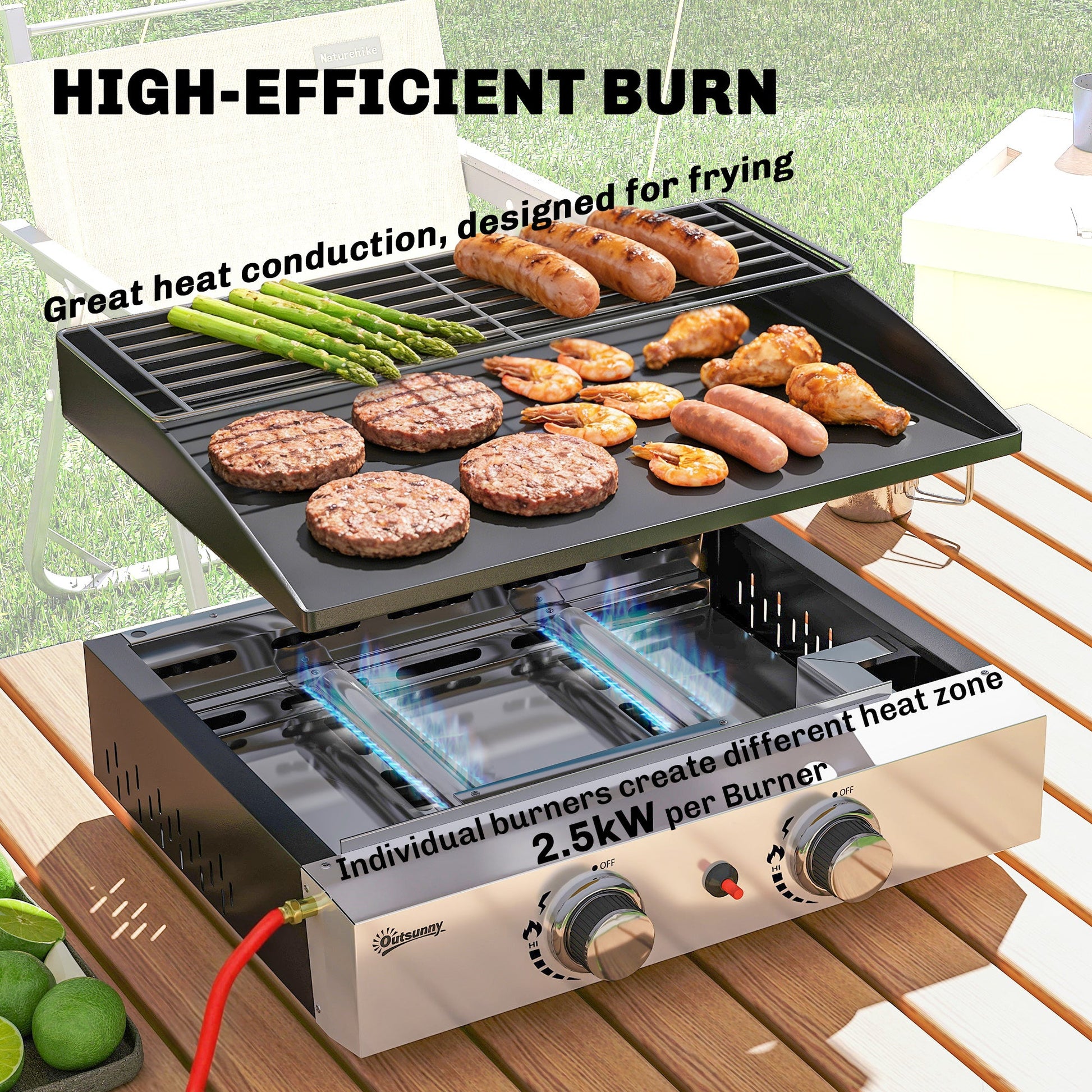 2 Burner Grill Griddle, Portable Gas Plancha with Warming Rack, 5 kW, Tabletop Gas BBQ with Grease Cup for Camping Picnic Patios, Black