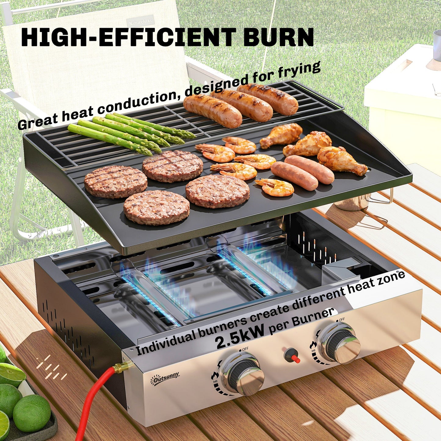 2 Burner Grill Griddle, Portable Gas Plancha with Warming Rack, 5 kW, Tabletop Gas BBQ with Grease Cup for Camping Picnic Patios, Black