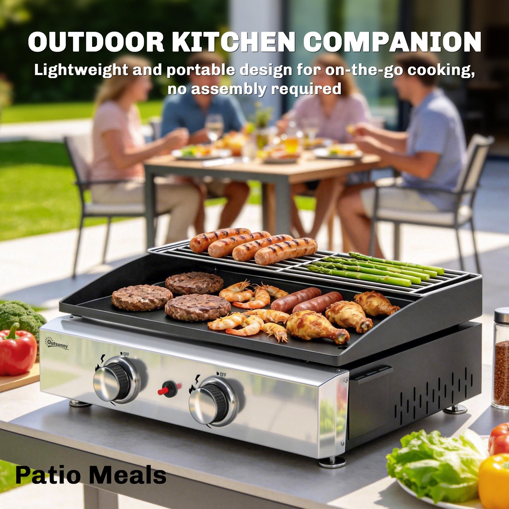 2 Burner Grill Griddle, Portable Gas Plancha with Warming Rack, 5 kW, Tabletop Gas BBQ with Grease Cup for Camping Picnic Patios, Black