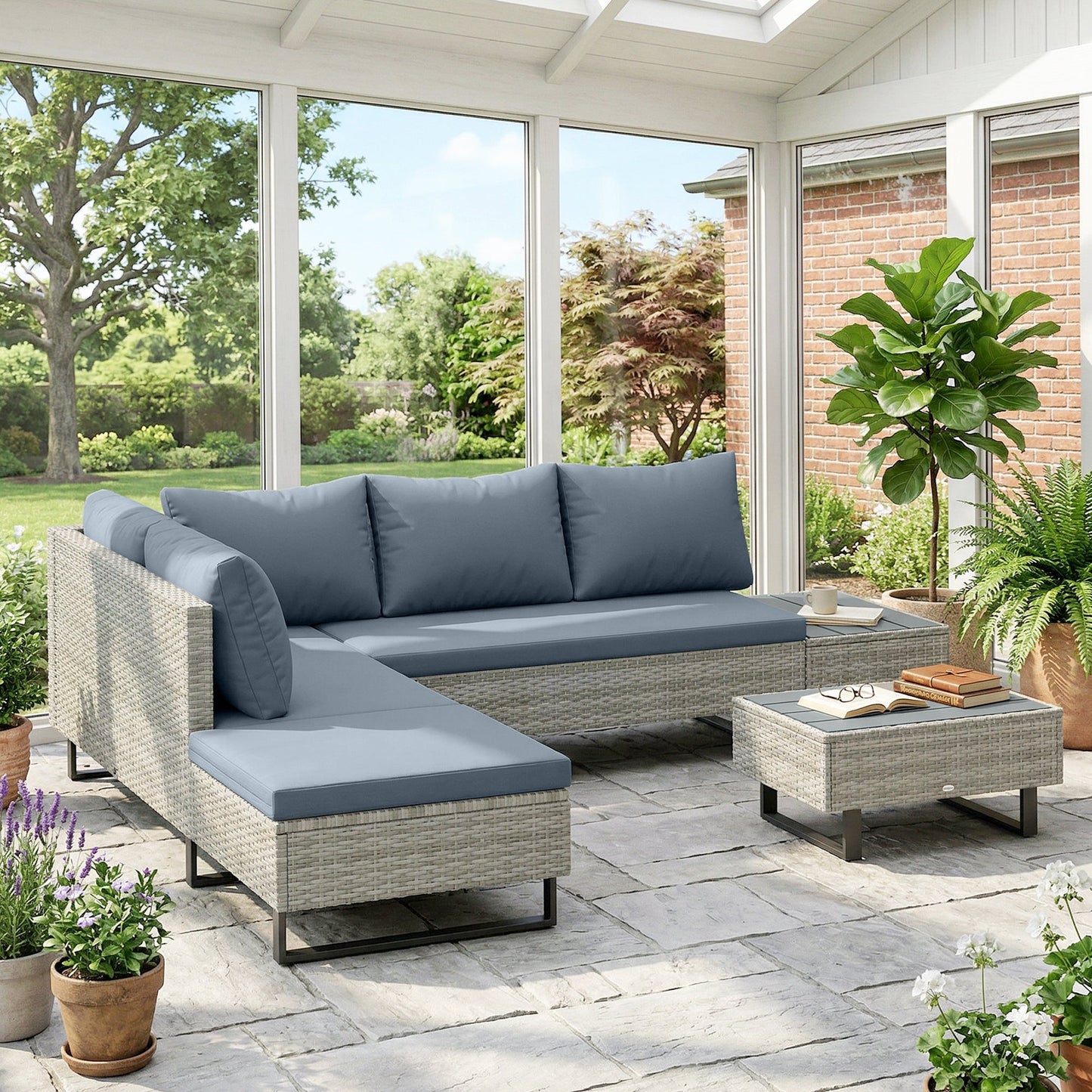 5 Seater Rattan Garden Furniture Set, Adjustable Back Corner Sofa Outdoor Lounge Set, Loveseat, Faux Wood Table, Cushions, L Shaped Patio Furniture Conversation Sets, Metal Frame, Grey