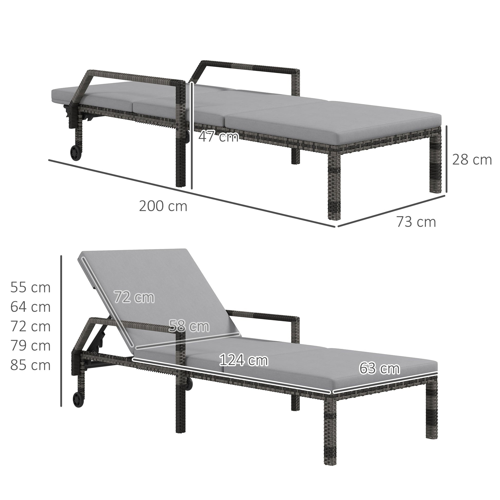 Outdoor PE Rattan Sun Lounger, 5-Level Adjustable Backrest Wicker Outdoor Chaise Recliner, Garden Chair with 2 Wheels, Grey