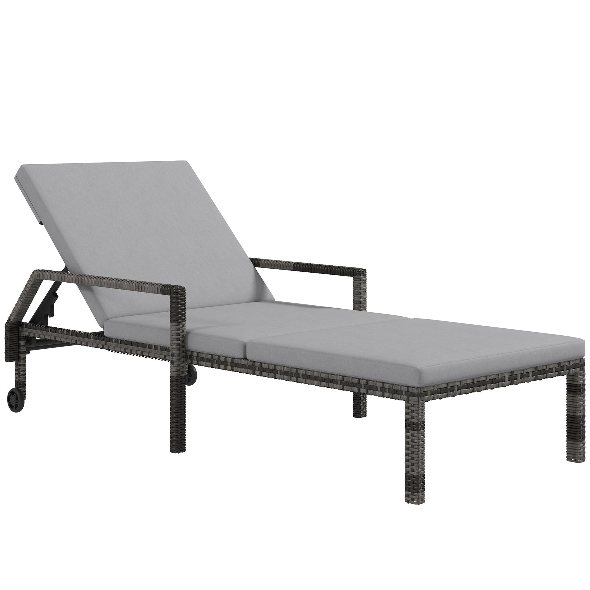 Outdoor PE Rattan Sun Lounger, 5-Level Adjustable Backrest Wicker Outdoor Chaise Recliner, Garden Chair with 2 Wheels, Grey