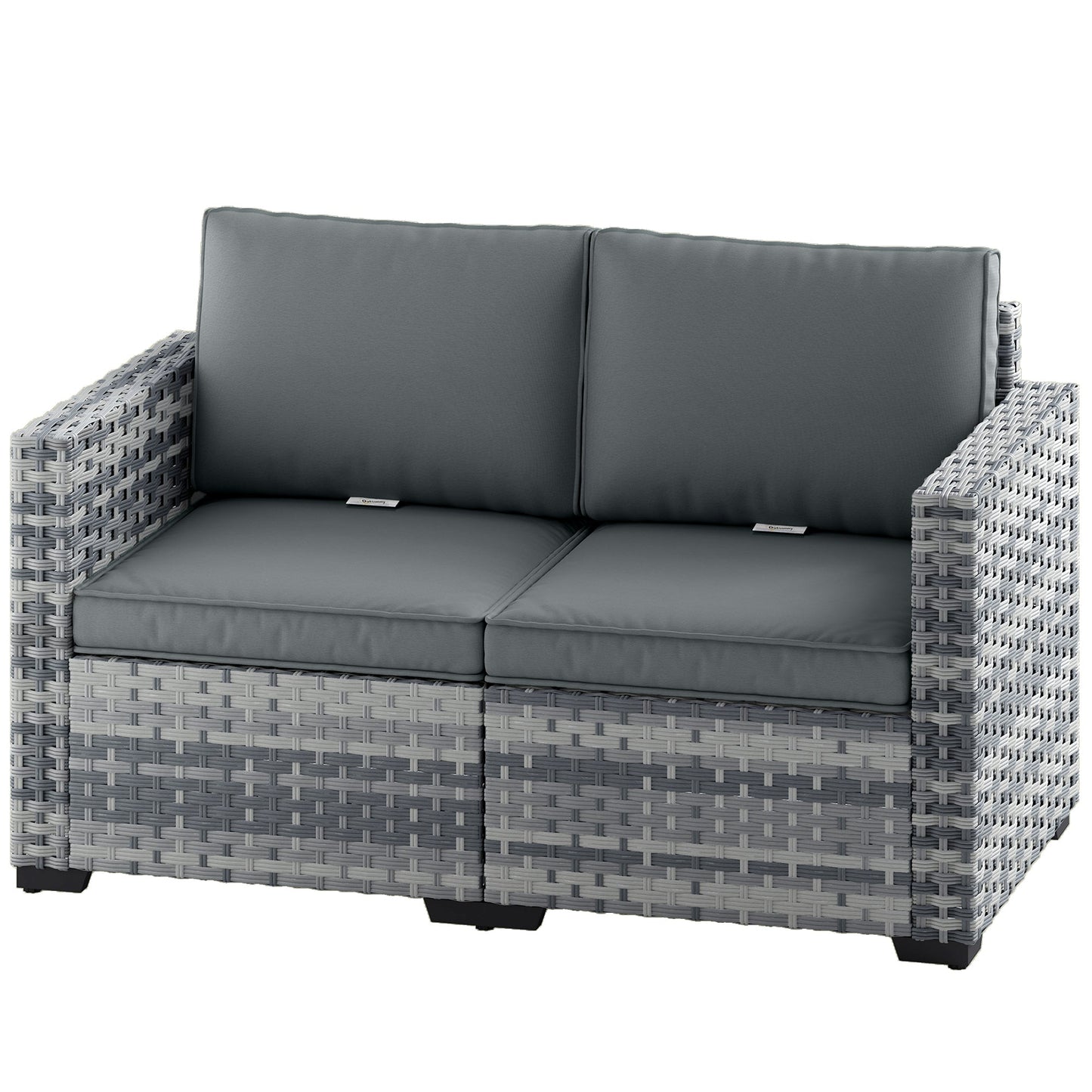 2 Seater Rattan Sofa, Outdoor Garden Sofa with Deep Seat, Cushions and Wide Armrests, All Weather Small Rattan Garden Furniture Loveseat for Patio, Balcony, Porch, Mixed Grey