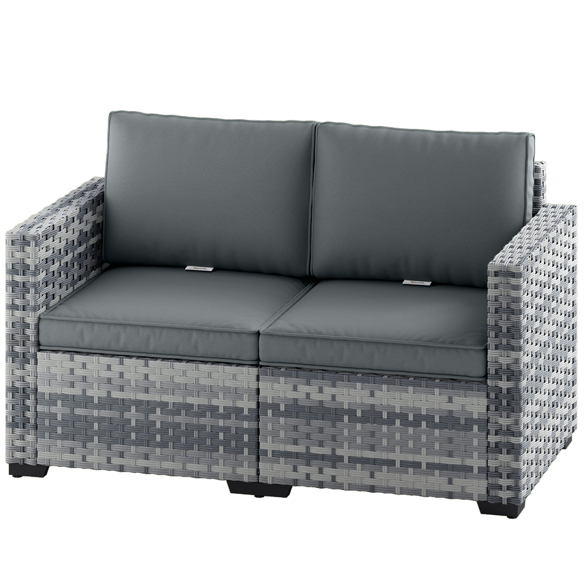 2 Seater Rattan Sofa, Outdoor Garden Sofa with Deep Seat, Cushions and Wide Armrests, All Weather Small Rattan Garden Furniture Loveseat for Patio, Balcony, Porch, Mixed Grey