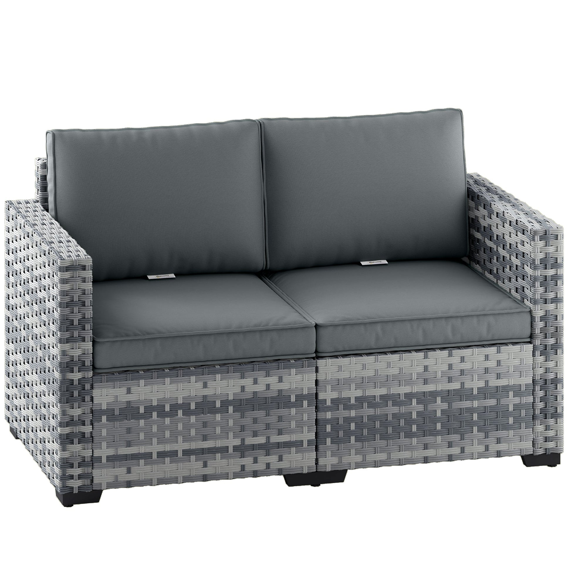 2 Seater Rattan Sofa, Outdoor Garden Sofa with Deep Seat, Cushions and Wide Armrests, All Weather Small Rattan Garden Furniture Loveseat for Patio, Balcony, Porch, Mixed Grey