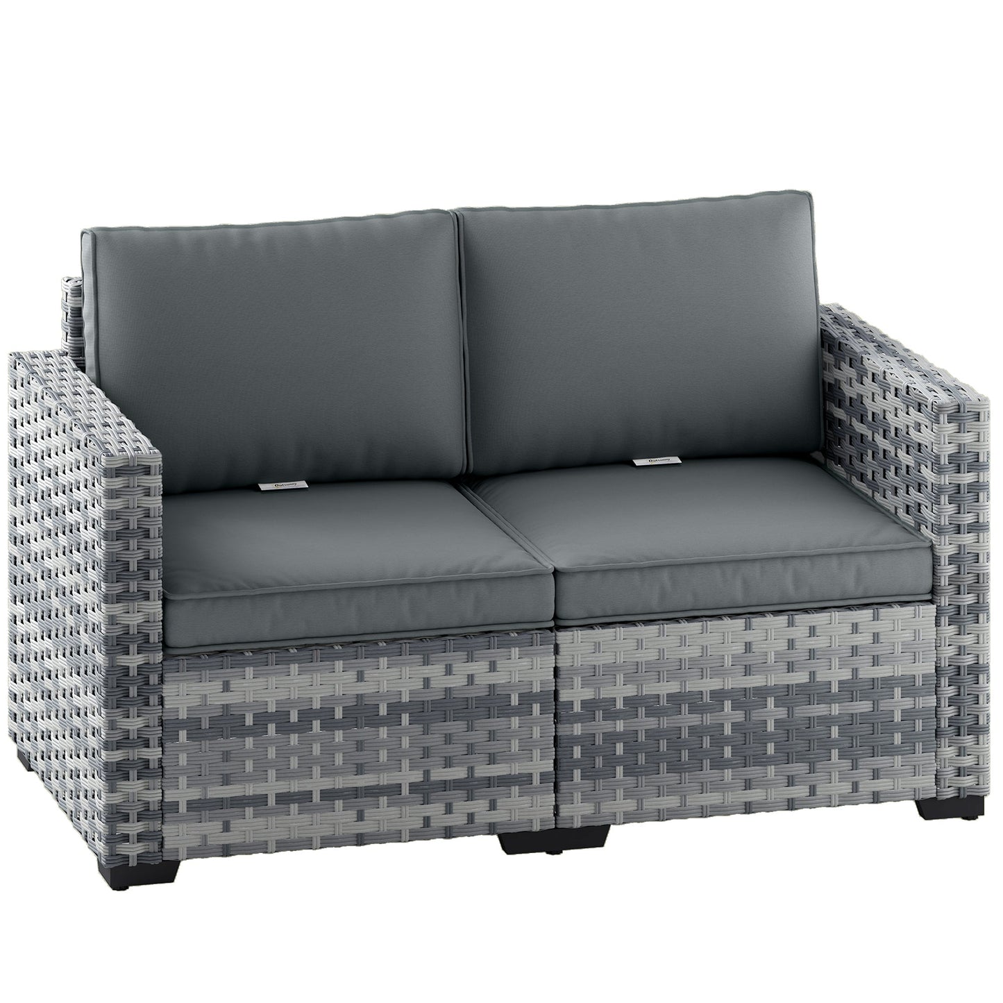 2 Seater Rattan Sofa, Outdoor Garden Sofa with Deep Seat, Cushions and Wide Armrests, All Weather Small Rattan Garden Furniture Loveseat for Patio, Balcony, Porch, Mixed Grey
