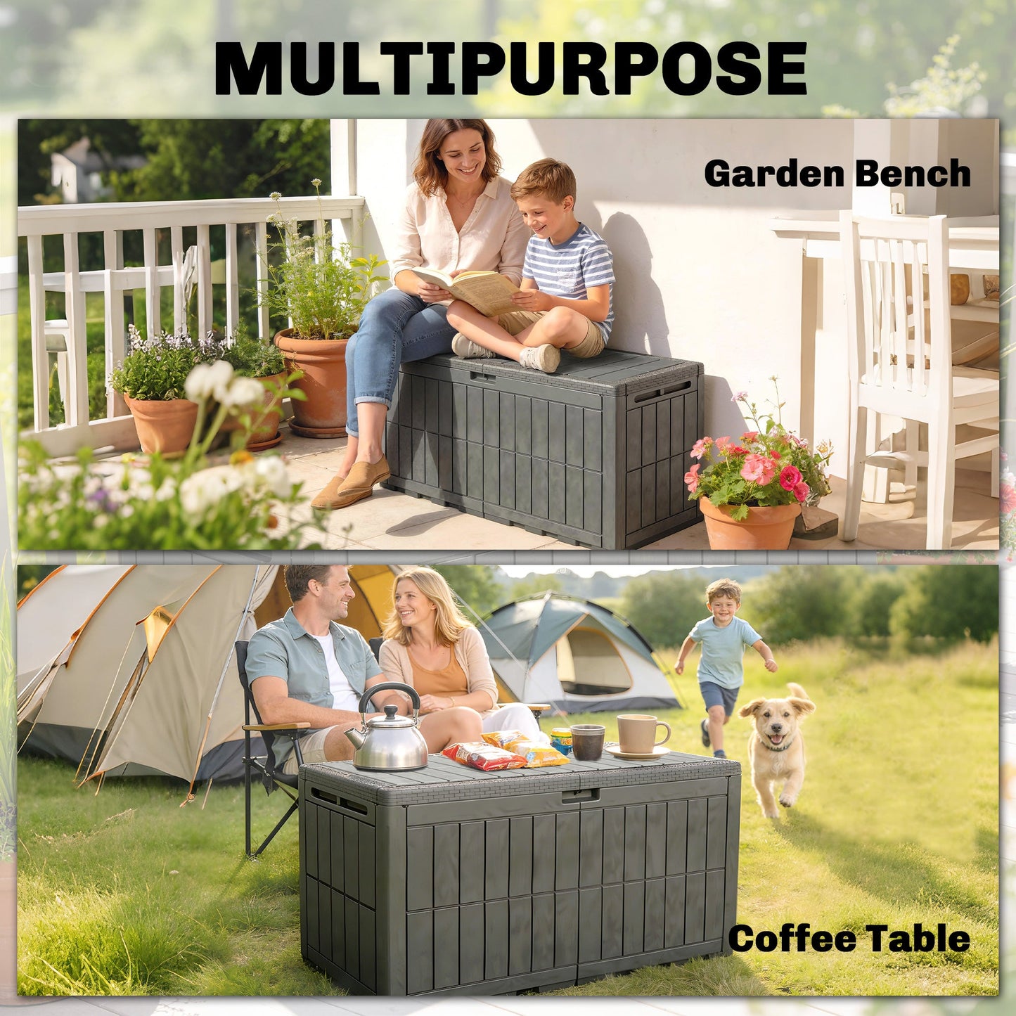 440L Garden Storage Box, Waterproof Resin Deck Box with Lockable Lid, Pneumatic Gas Rods, Side Handles, UV Resistant Wood Texture Outdoor Patio Storage Container for Garden Tools