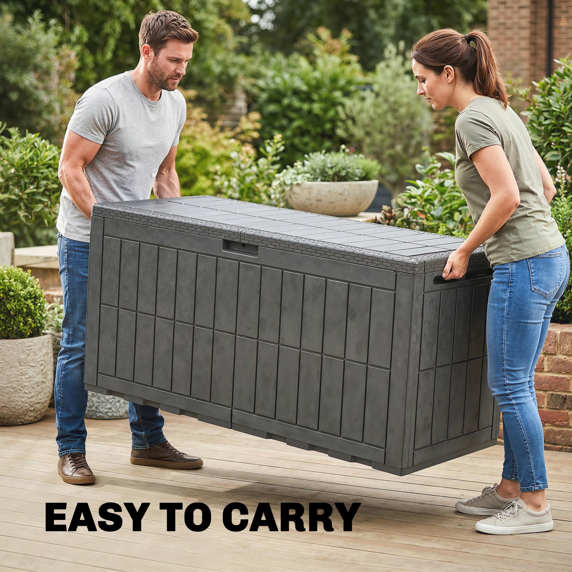 440L Garden Storage Box, Waterproof Resin Deck Box with Lockable Lid, Pneumatic Gas Rods, Side Handles, UV Resistant Wood Texture Outdoor Patio Storage Container for Garden Tools