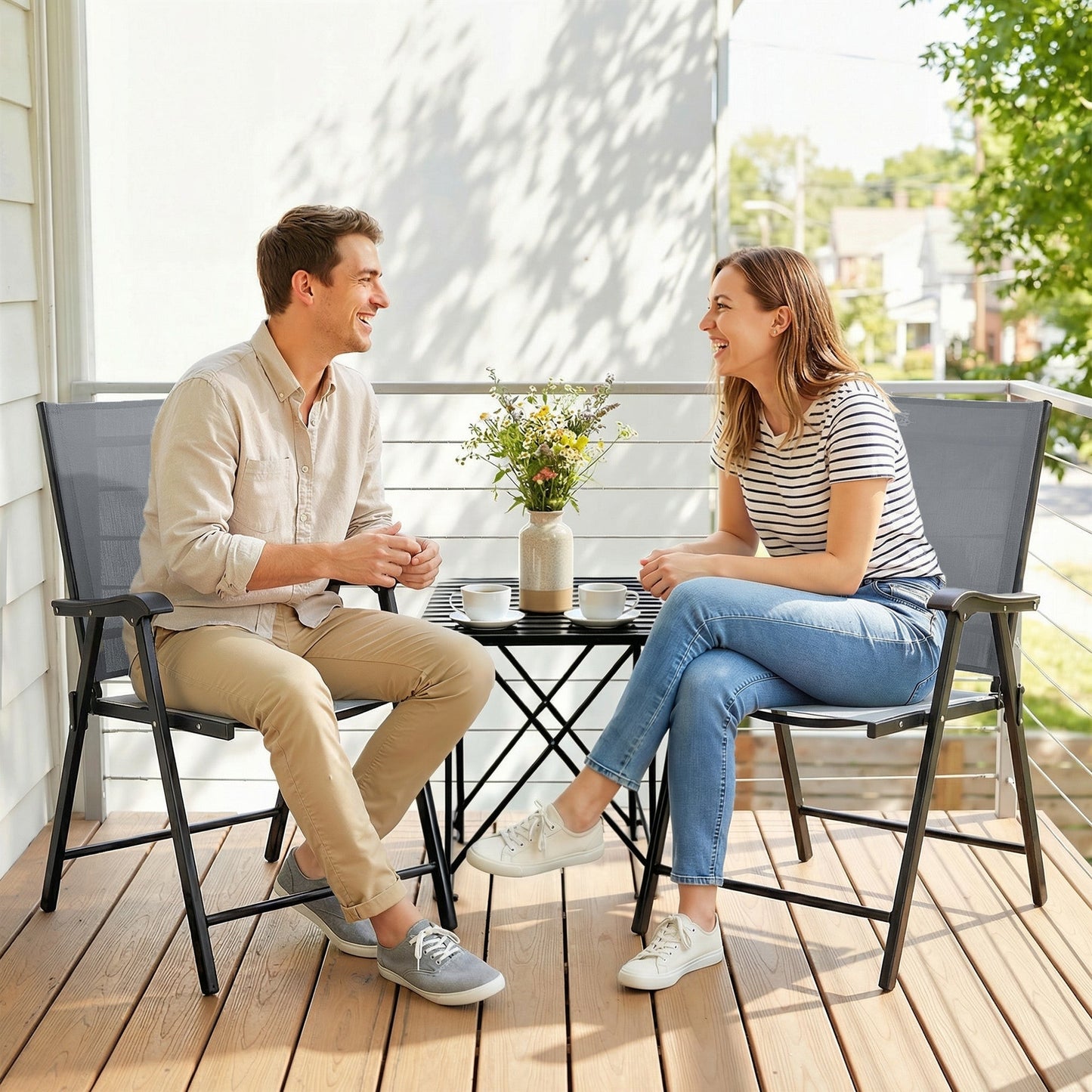 Folding Garden Chairs Set of 2, Foldable Garden Dining Chairs with High Back and Armrests, Breathable Texteline Folding Outdoor Chair Set with Metal Frame for Patio, Balcony, Light Grey