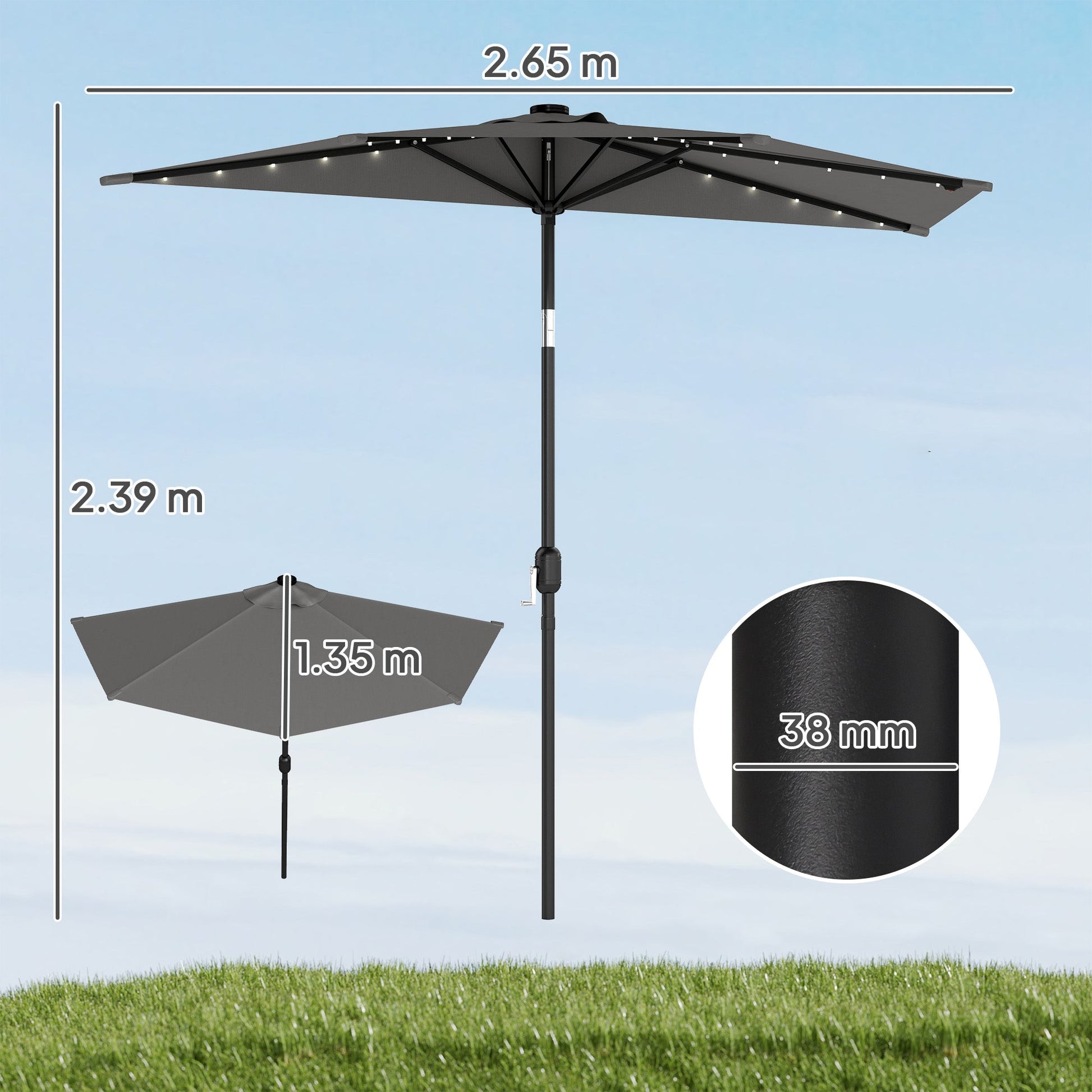 2.6 m Half Garden Parasol with Solar LED Lights, UPF50+ Semi Round Umbrella with 30° Tilt, Crank Handle, Metal Frame for Balcony, Dark Grey