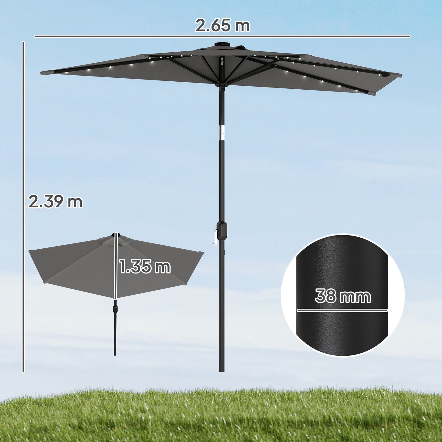2.6 m Half Garden Parasol with Solar LED Lights, UPF50+ Semi Round Umbrella with 30° Tilt, Crank Handle, Metal Frame for Balcony, Dark Grey