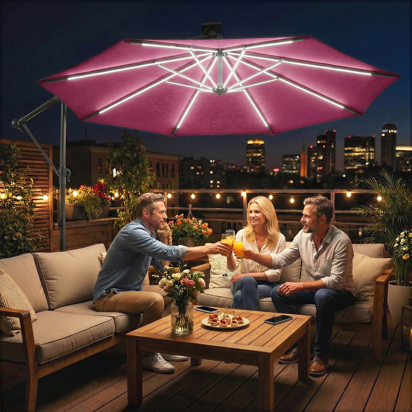 3 m Garden Cantilever Parasol with LED Solar Light, Round Overhanging Umbrella with 6-Position 360° Rotation, Crank Handle, Tilt, Cover, Banana Patio Umbrella for Outdoor Sun Shade, Wine Red