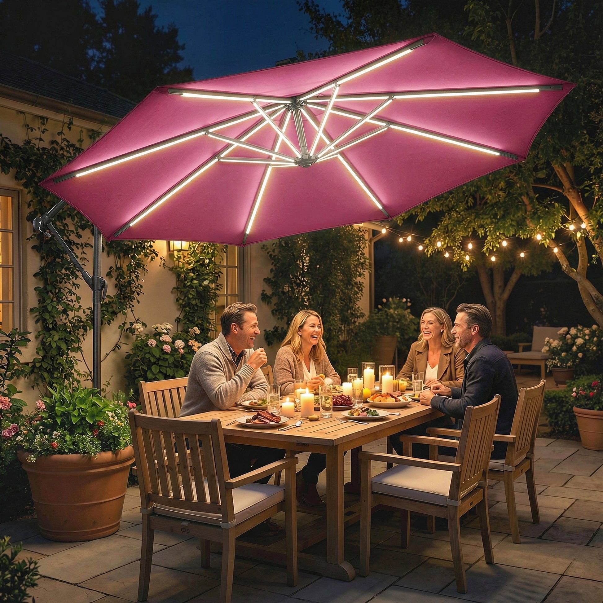 3 m Garden Cantilever Parasol with LED Solar Light, Round Overhanging Umbrella with 6-Position 360° Rotation, Crank Handle, Tilt, Cover, Banana Patio Umbrella for Outdoor Sun Shade, Wine Red