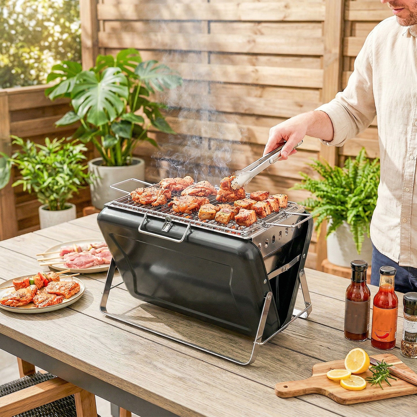 Portable BBQ Grill, Folding Charcoal Barbecue Grill with Handle and Foldable Legs for Camping Garden Outdoor Cooking, Black