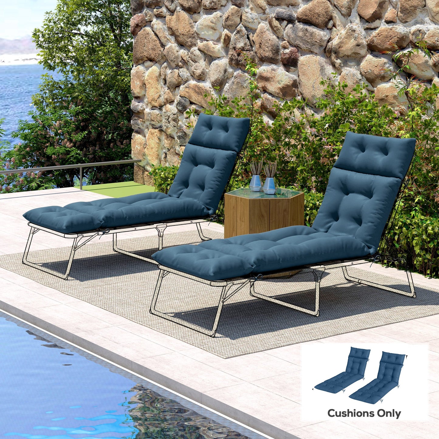 Sun Lounger Cushions Only, 190x56x10cm Garden Lounge Chair Cushions Set of 2, UPF20+ 220gsm Fabric, Thick Sunbed Replacement Pads with 6 Ties, Navy Blue