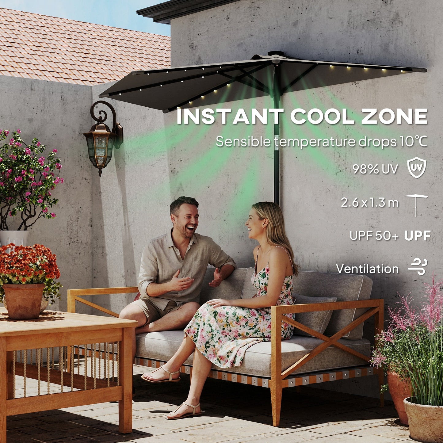 2.6 m Half Garden Parasol with Solar LED Lights, UPF50+ Semi Round Umbrella with 30° Tilt, Crank Handle, Metal Frame for Balcony, Dark Grey