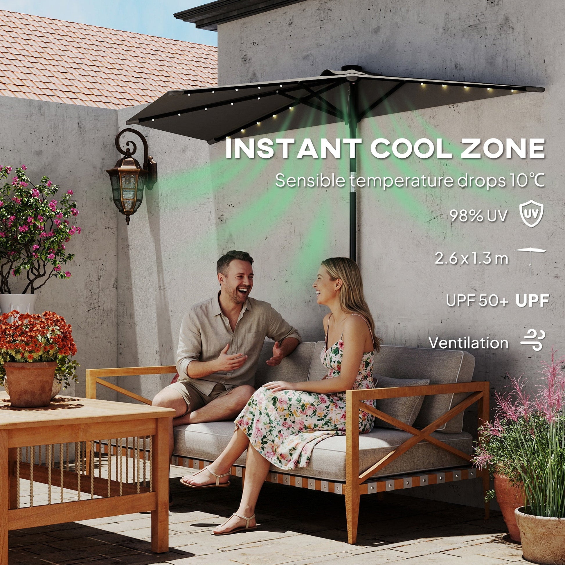2.6 m Half Garden Parasol with Solar LED Lights, UPF50+ Semi Round Umbrella with 30° Tilt, Crank Handle, Metal Frame for Balcony, Dark Grey