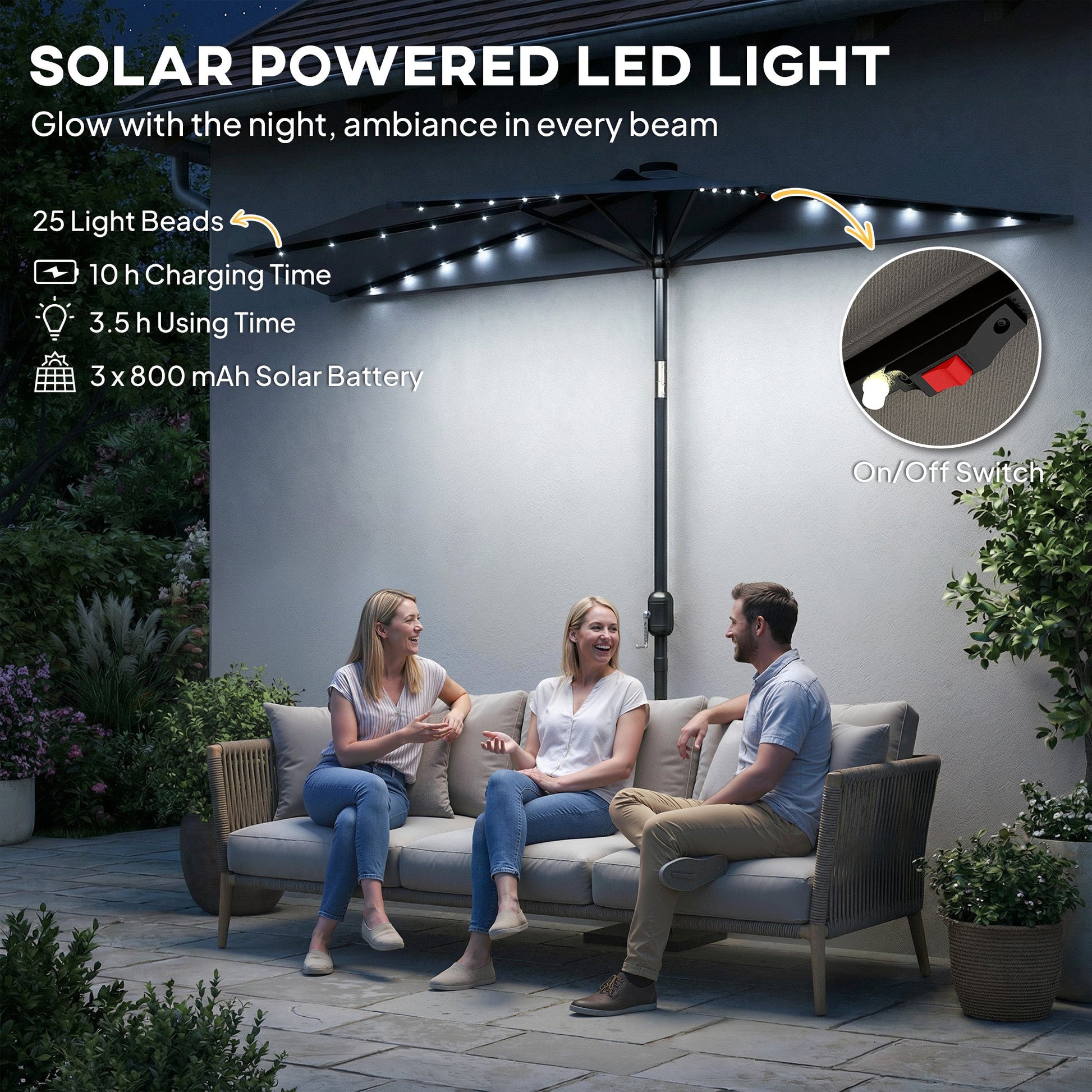 2.6 m Half Garden Parasol with Solar LED Lights, UPF50+ Semi Round Umbrella with 30° Tilt, Crank Handle, Metal Frame for Balcony, Dark Grey