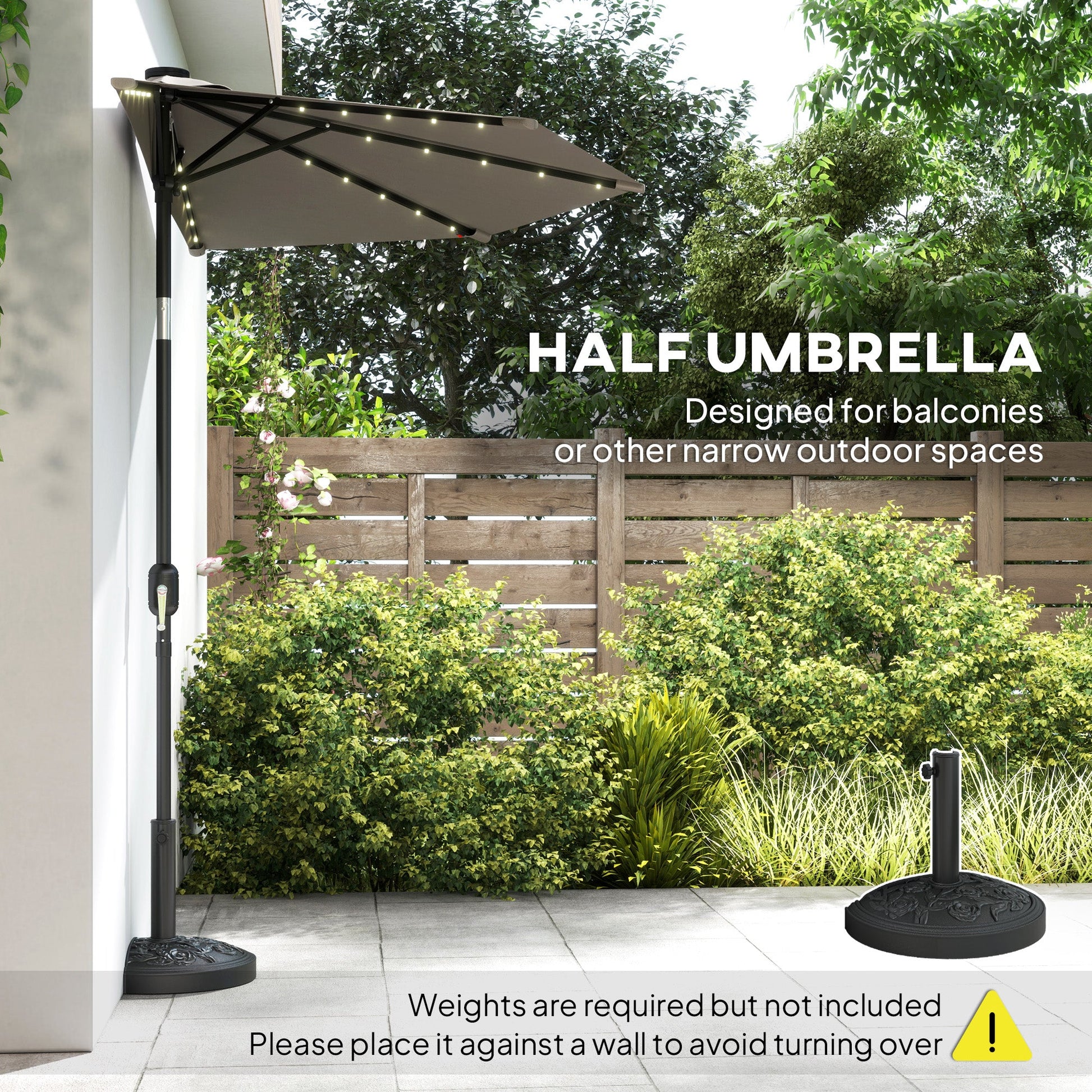 2.6 m Half Garden Parasol with Solar LED Lights, UPF50+ Semi Round Umbrella with 30° Tilt, Crank Handle, Metal Frame for Balcony, Dark Grey