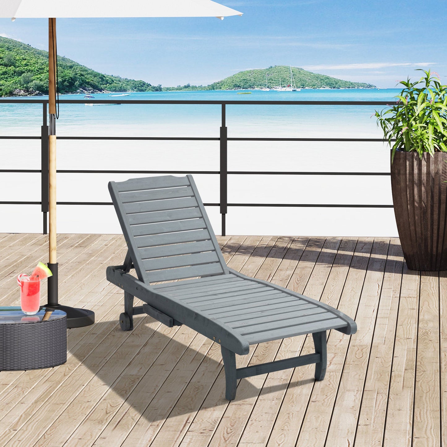 Garden Patio Sun Lounger, Outdoor Wooden Sun Bed with Built-In Table, Reclining Backrest and Rolling Wheels for Sunbathing, Grey