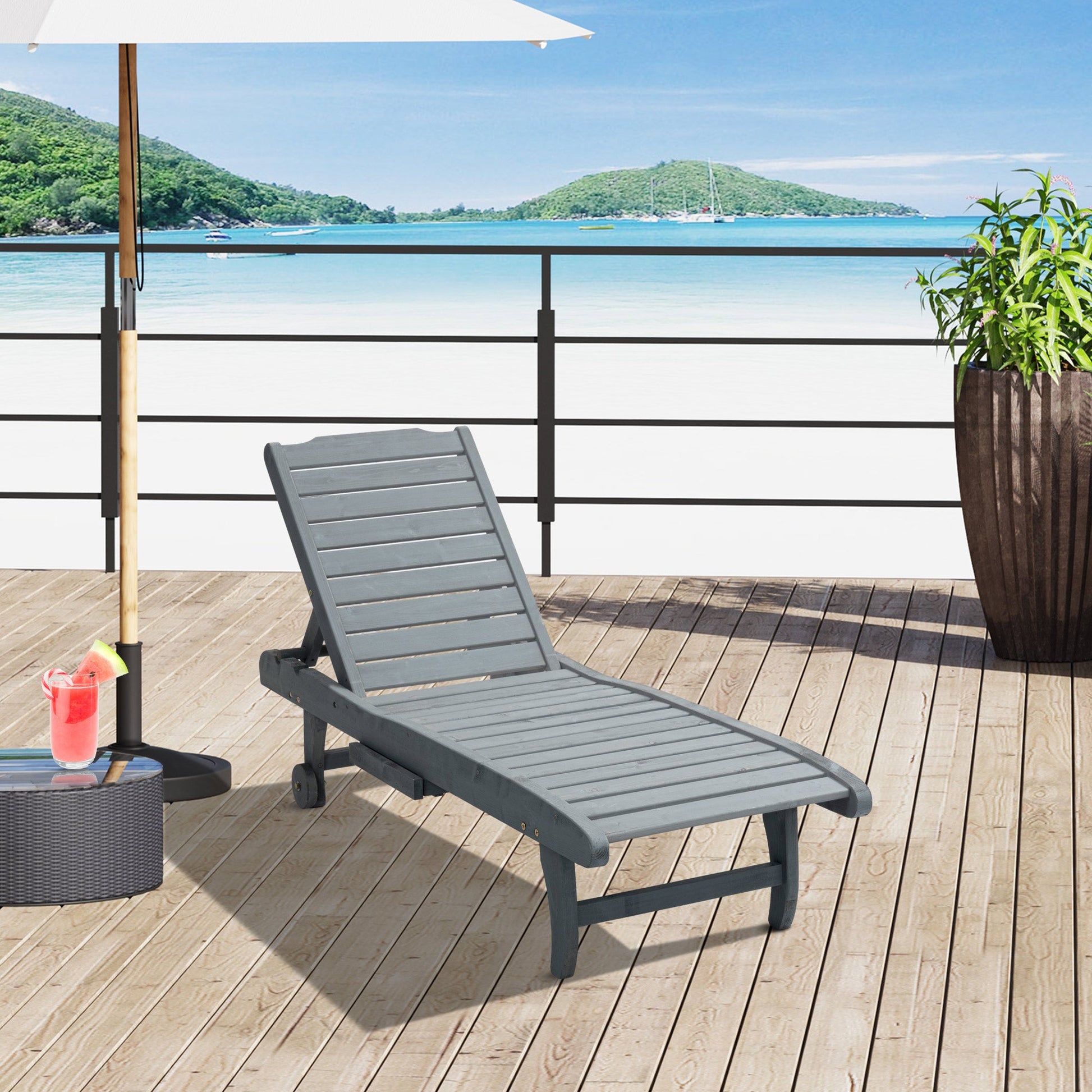 Garden Patio Sun Lounger, Outdoor Wooden Sun Bed with Built-In Table, Reclining Backrest and Rolling Wheels for Sunbathing, Grey