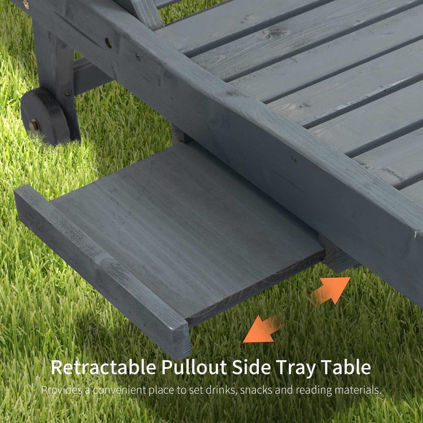 Garden Patio Sun Lounger, Outdoor Wooden Sun Bed with Built-In Table, Reclining Backrest and Rolling Wheels for Sunbathing, Grey