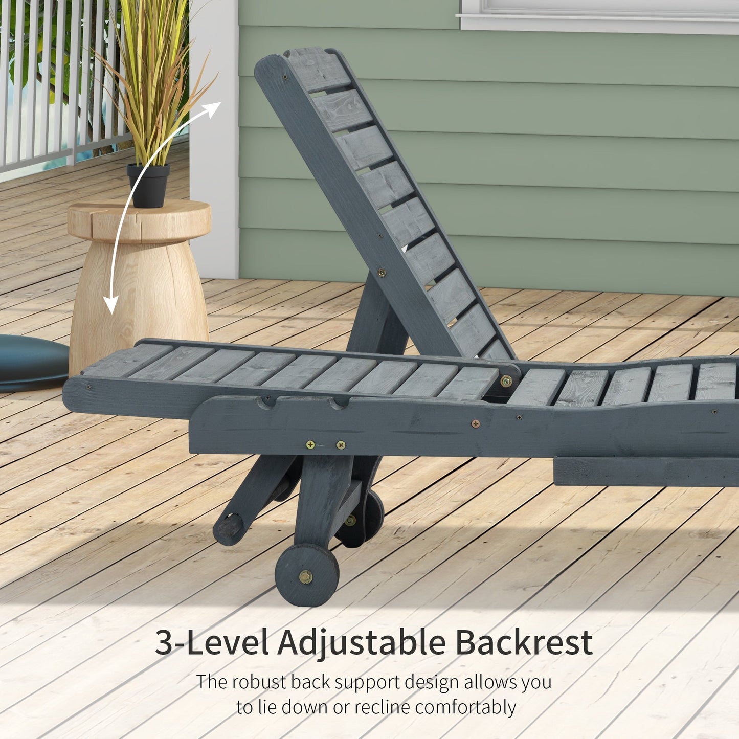 Garden Patio Sun Lounger, Outdoor Wooden Sun Bed with Built-In Table, Reclining Backrest and Rolling Wheels for Sunbathing, Grey