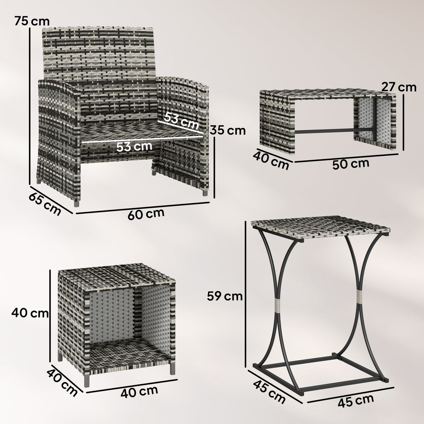 6 Piece Rattan Garden Furniture Set, Space-Saving Patio Furniture Conversation Set with 2 Nesting Tables, 2 Chairs, 2 Footstools, Wicker Outdoor Sofa with Cushions for Balcony Porch, Grey
