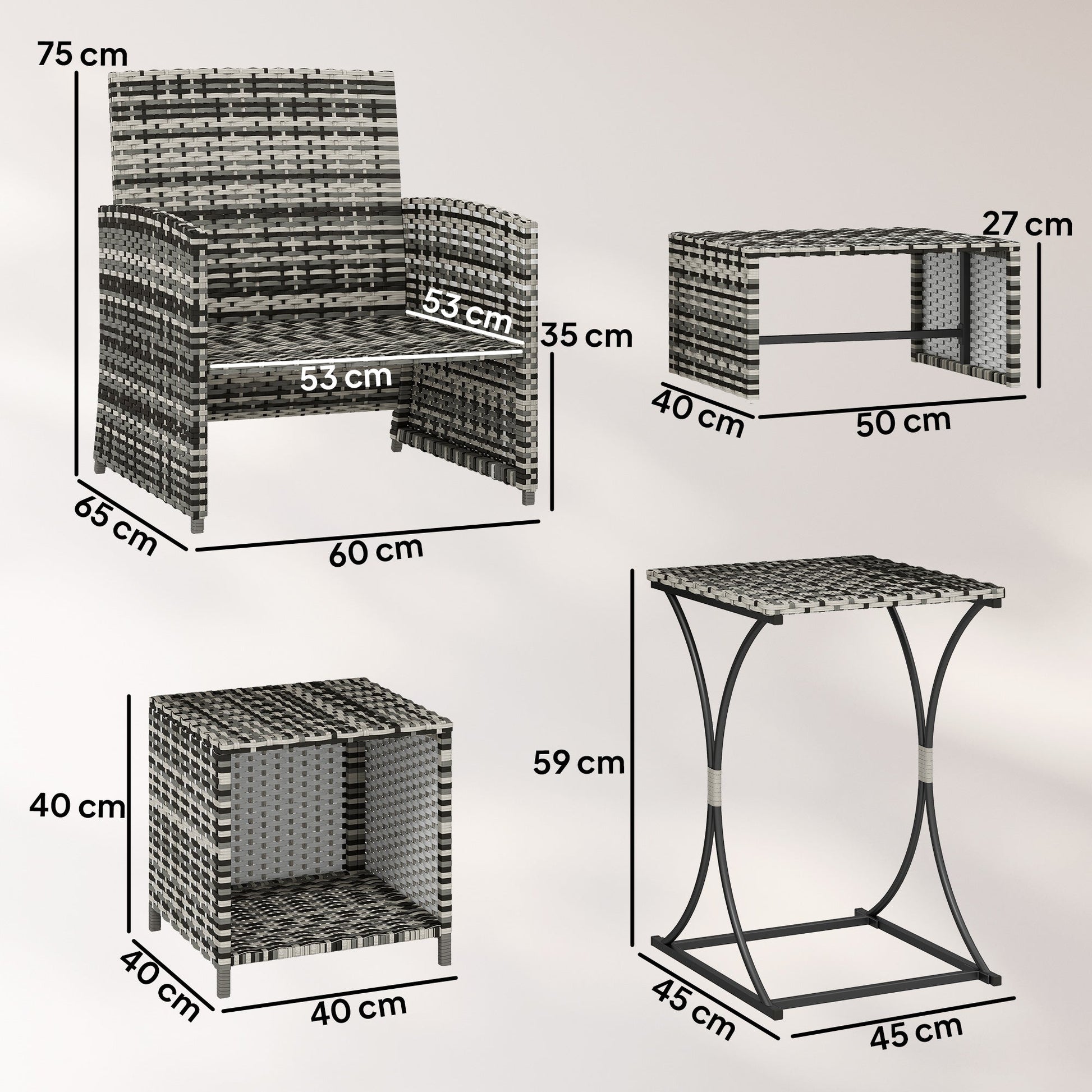 6 Piece Rattan Garden Furniture Set, Space-Saving Patio Furniture Conversation Set with 2 Nesting Tables, 2 Chairs, 2 Footstools, Wicker Outdoor Sofa with Cushions for Balcony Porch, Grey