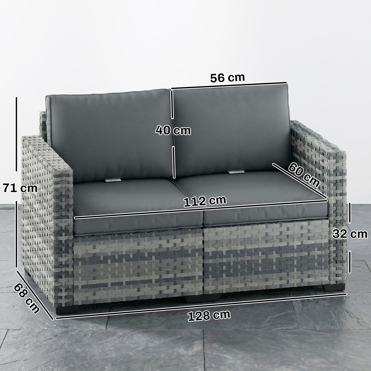 2 Seater Rattan Sofa, Outdoor Garden Sofa with Deep Seat, Cushions and Wide Armrests, All Weather Small Rattan Garden Furniture Loveseat for Patio, Balcony, Porch, Mixed Grey