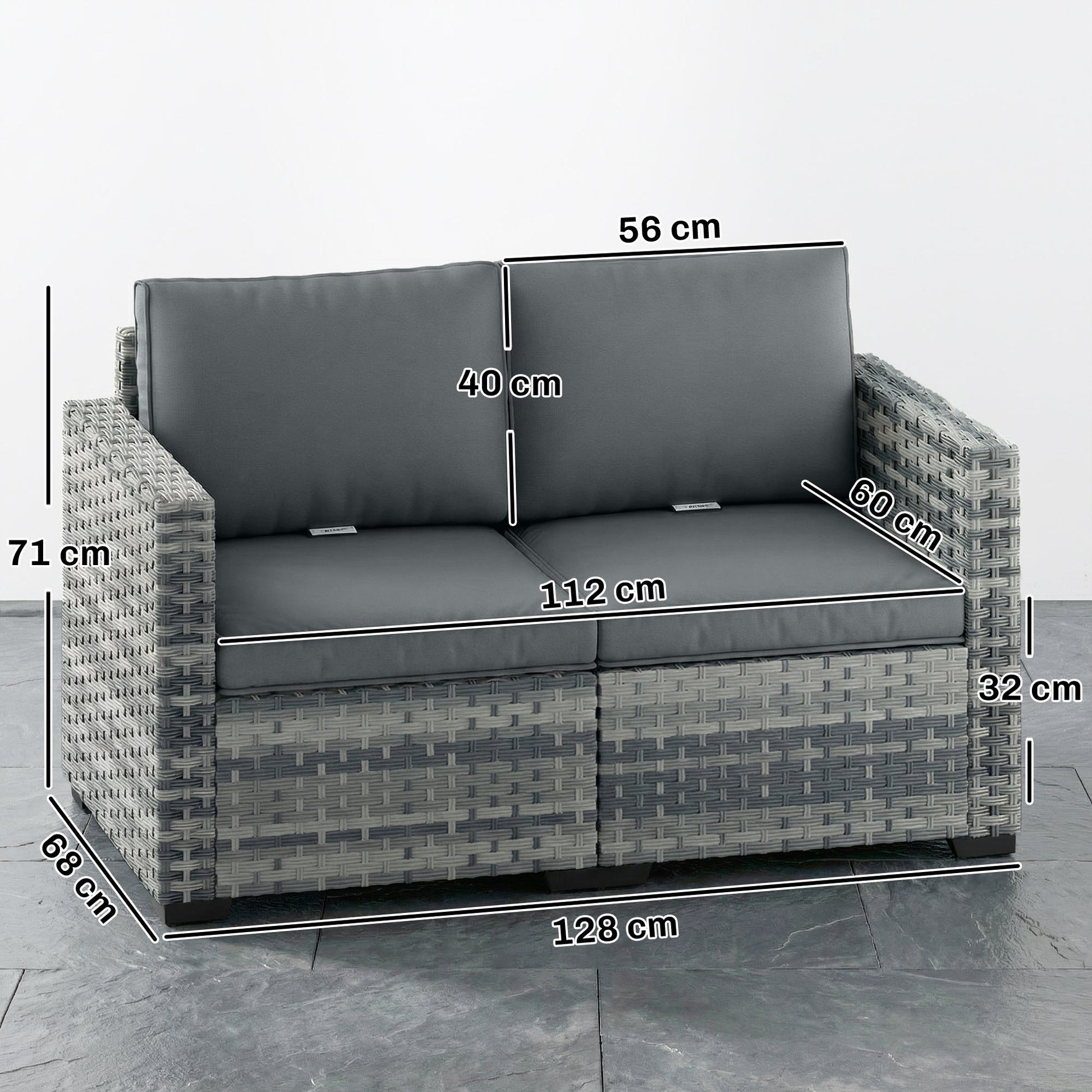 2 Seater Rattan Sofa, Outdoor Garden Sofa with Deep Seat, Cushions and Wide Armrests, All Weather Small Rattan Garden Furniture Loveseat for Patio, Balcony, Porch, Mixed Grey