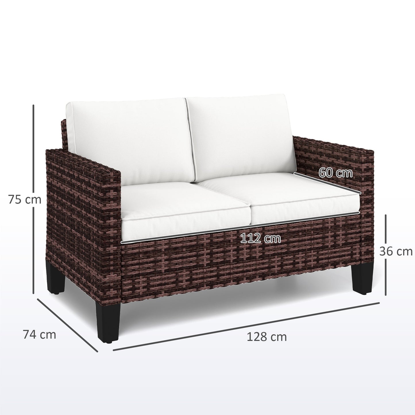 2 Seater Rattan Sofa with Cushions, Wicker Garden Loveseat with Armrests, Outdoor Garden Sofa Couch with Steel Frame for Balcony, Porch, Brown