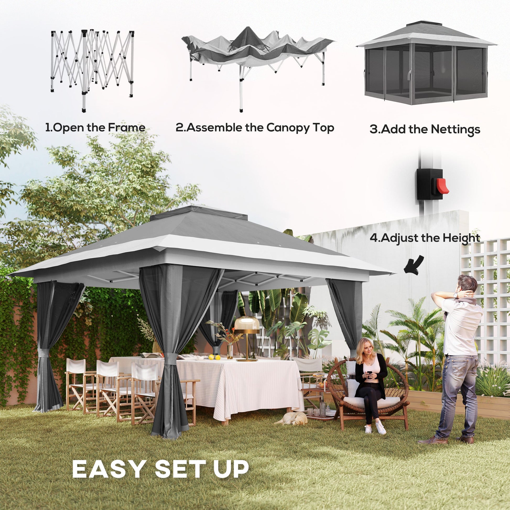 3.6 x 3.6m Pop Up Gazebo with Mesh Sides, UPF50+ Height Adjustable Party Tent Instant Event Shelter with Wheeled Carry Bag and Sand Bags for Garden, Patio, Dark Grey