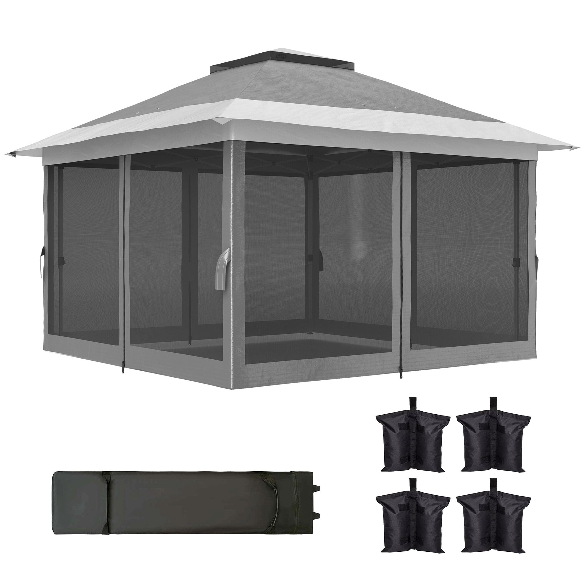3.6 x 3.6m Pop Up Gazebo with Mesh Sides, UPF50+ Height Adjustable Party Tent Instant Event Shelter with Wheeled Carry Bag and Sand Bags for Garden, Patio, Dark Grey