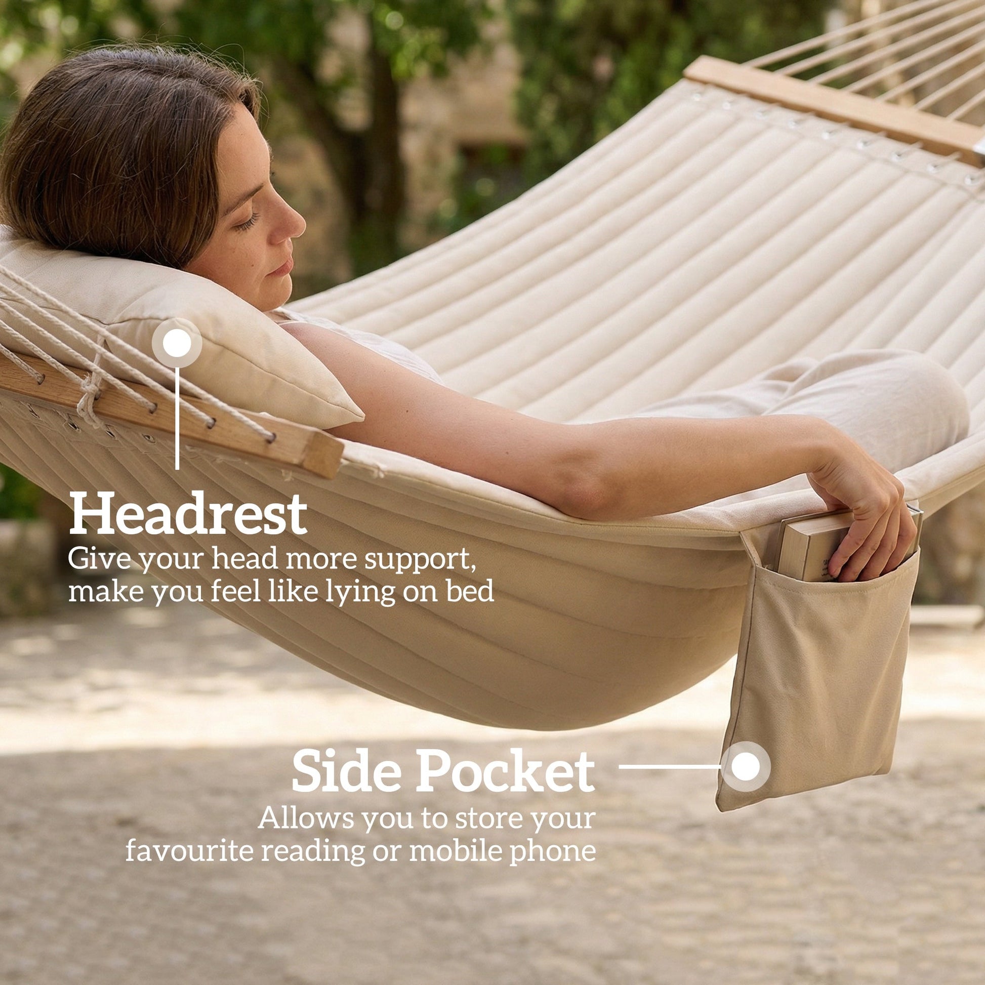 Double Hammock 2-Person with Pillow and Pad, Extra Large 200 x 140 cm, Load Capacity 200 kg, Swing Bed for Patio Porch Garden Lounging Outdoor and Indoor Cream White
